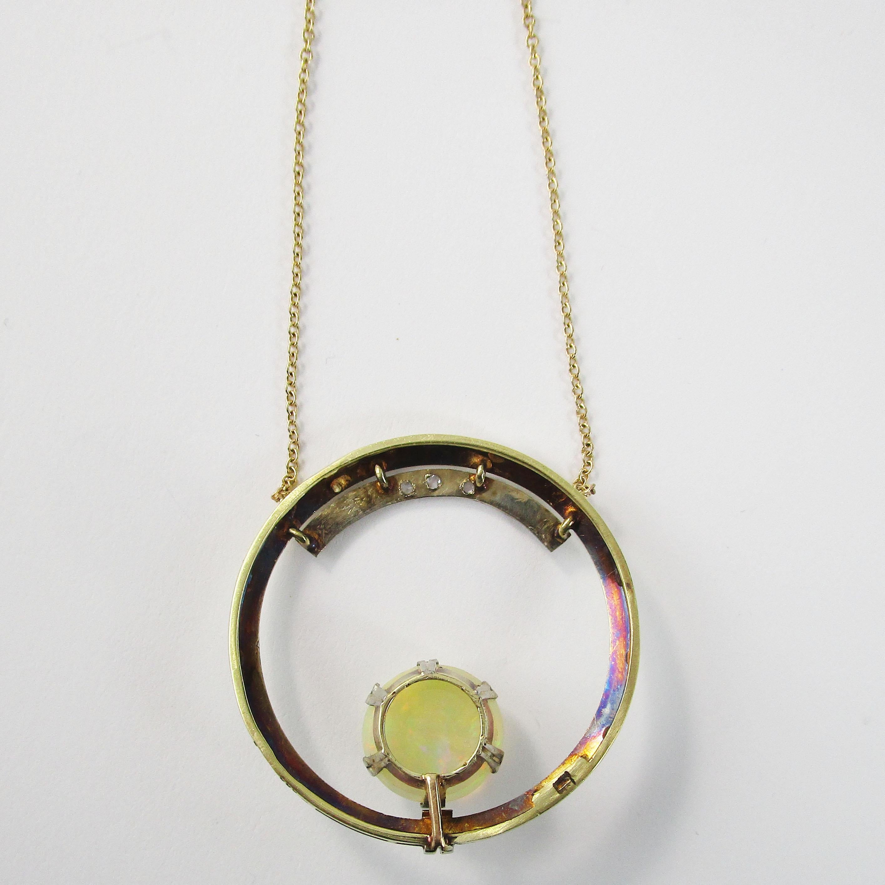 1925 Art Deco 14k Yellow Gold Diamond and Opal Circle Necklace In Excellent Condition For Sale In Lexington, KY