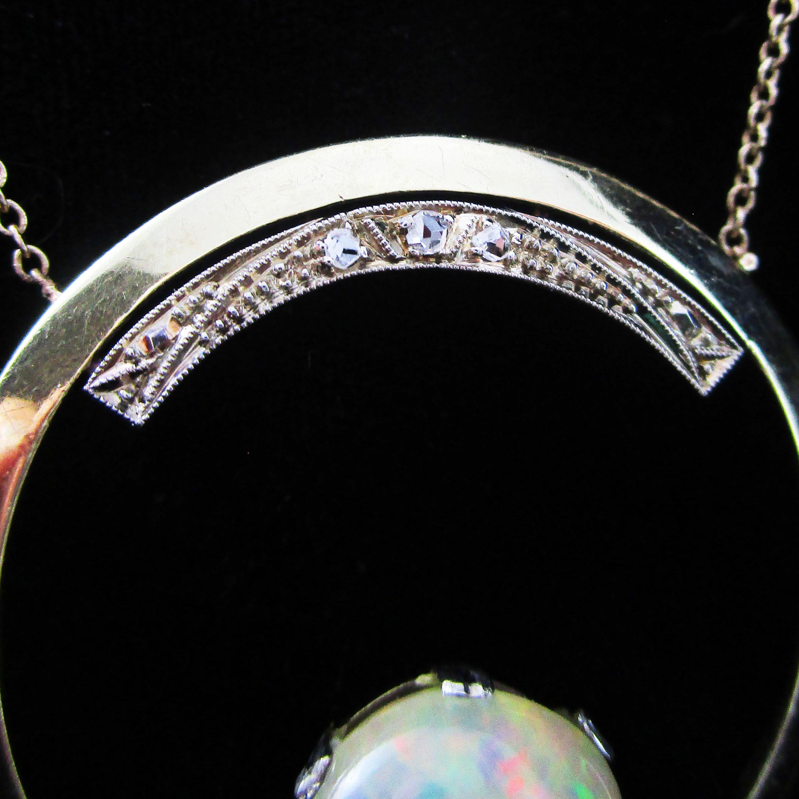 1925 Art Deco 14k Yellow Gold Diamond and Opal Circle Necklace For Sale 3