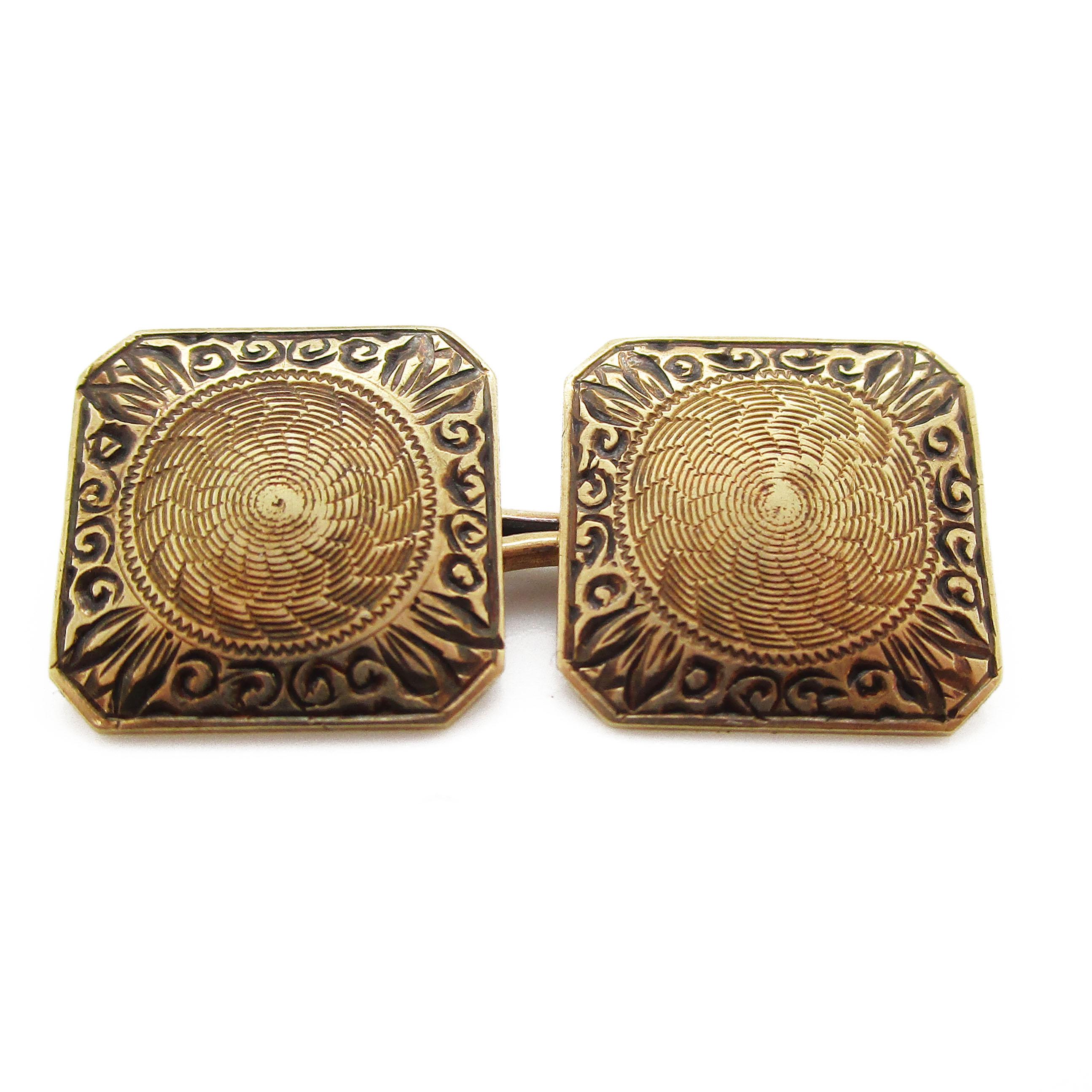 An excellent Hayden and Wheeler design in 14k yellow gold, these Art Deco cufflinks are the perfect gentleman’s accessory! The panels are square-shaped with clipped corners that make them unique. The panels are decorated with an arching, scroll