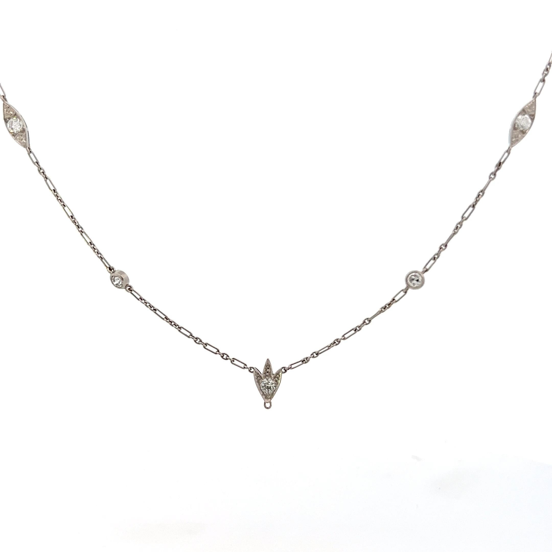 1925 Art Deco 15” Platinum Necklace w/ Euro Cut Diamonds  In Excellent Condition For Sale In Lexington, KY