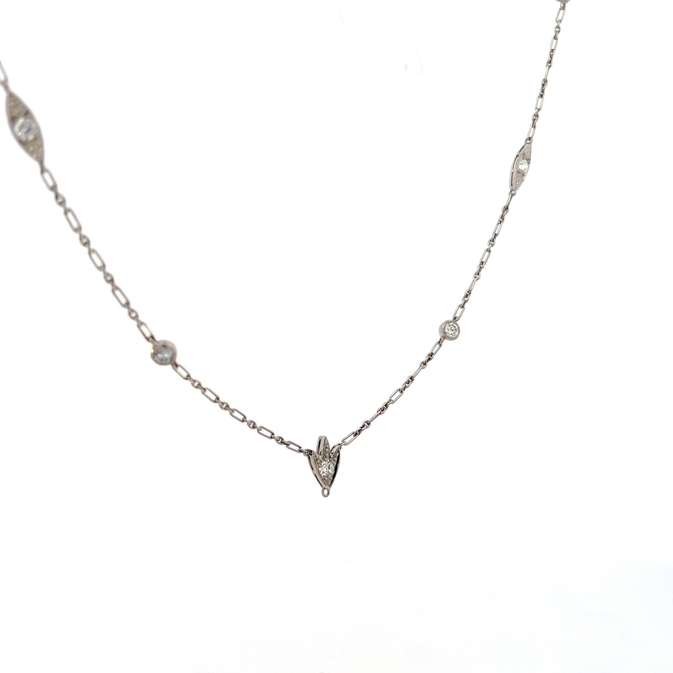 Women's or Men's 1925 Art Deco 15” Platinum Necklace w/ Euro Cut Diamonds  For Sale