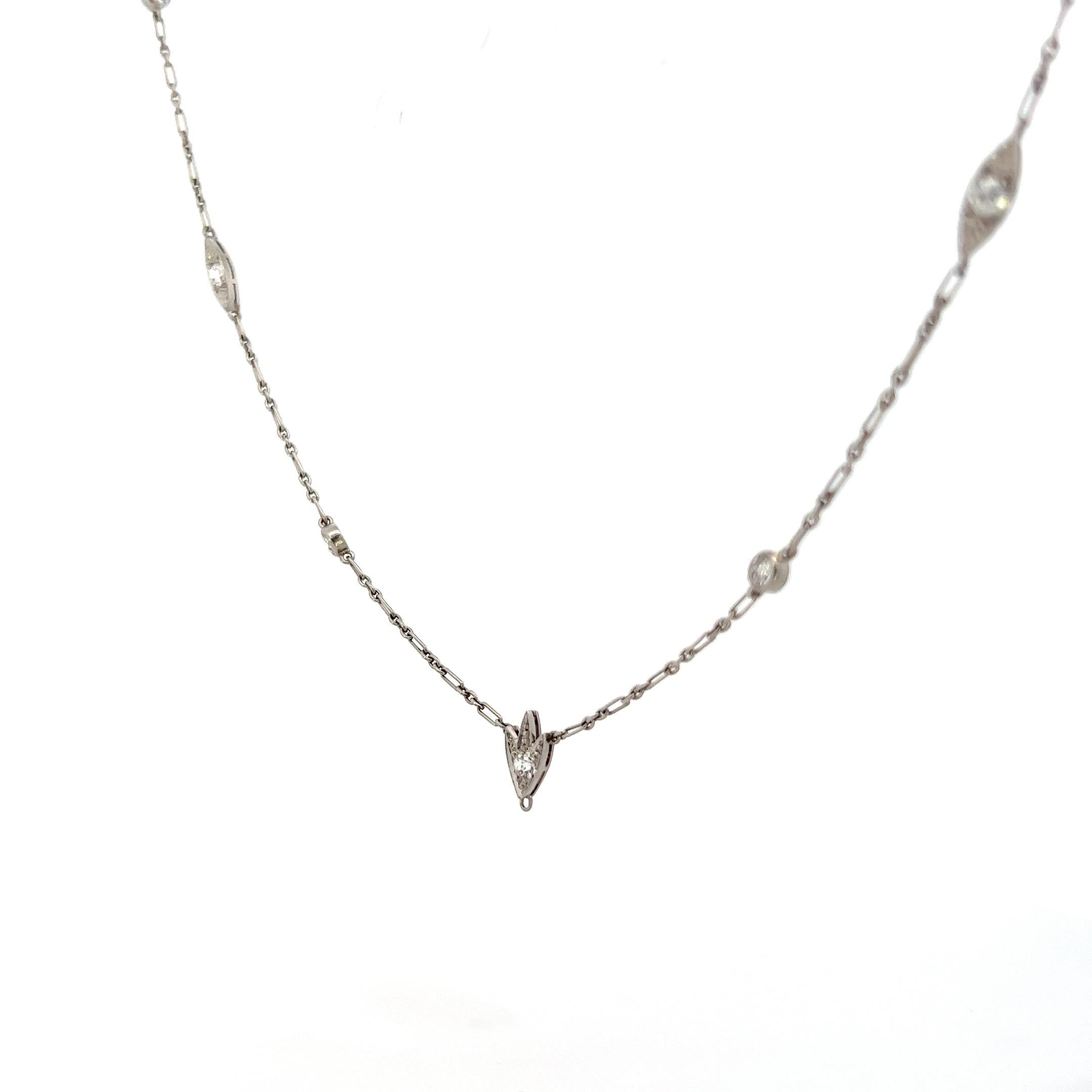 1925 Art Deco 15” Platinum Necklace w/ Euro Cut Diamonds  For Sale 1