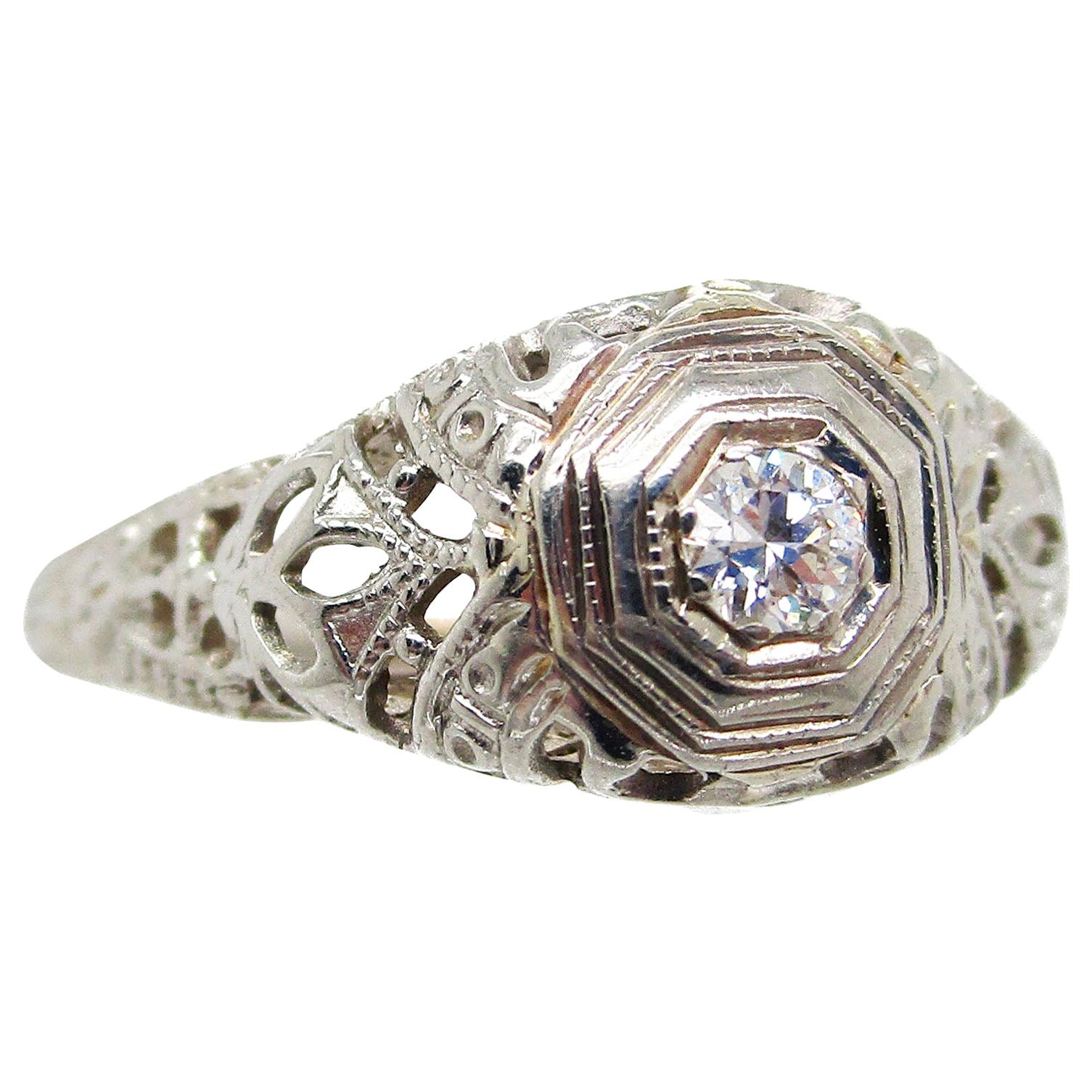 1925 Art Deco 18 Karat White Gold Euro Cut Diamond Filigree Engagement Ring For Sale