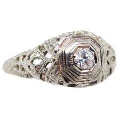 1925 Art Deco 18 Karat White Gold Euro Cut Diamond Filigree Engagement Ring