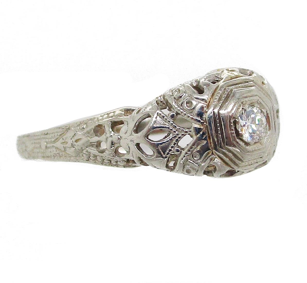 Round Cut 1925 Art Deco 18 Karat White Gold Euro Cut Diamond Filigree Engagement Ring For Sale