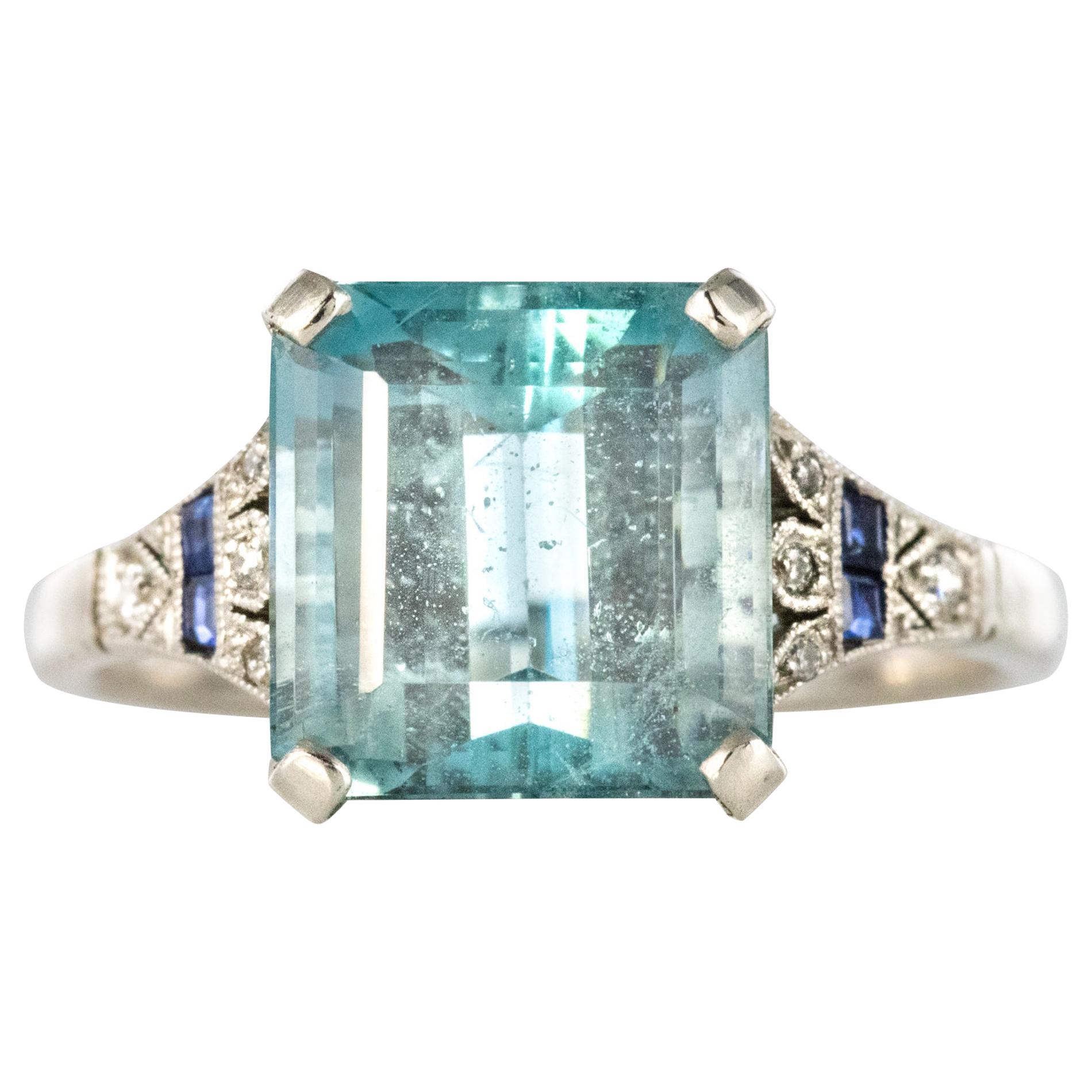 1925 Art Deco 3.50 Carat Aquamarine Diamonds Sapphires Platinum Ring
