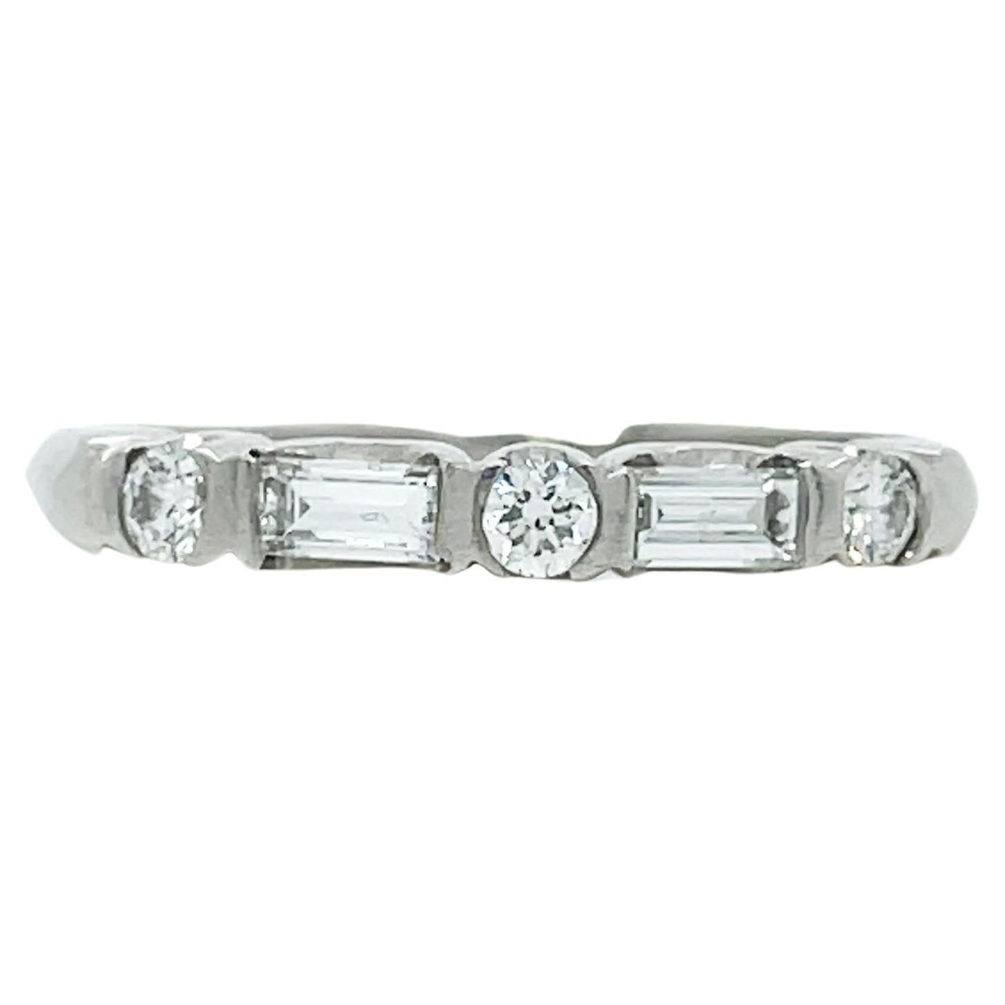 1925 Art Deco Baguette and Round Diamond Platinum Band For Sale