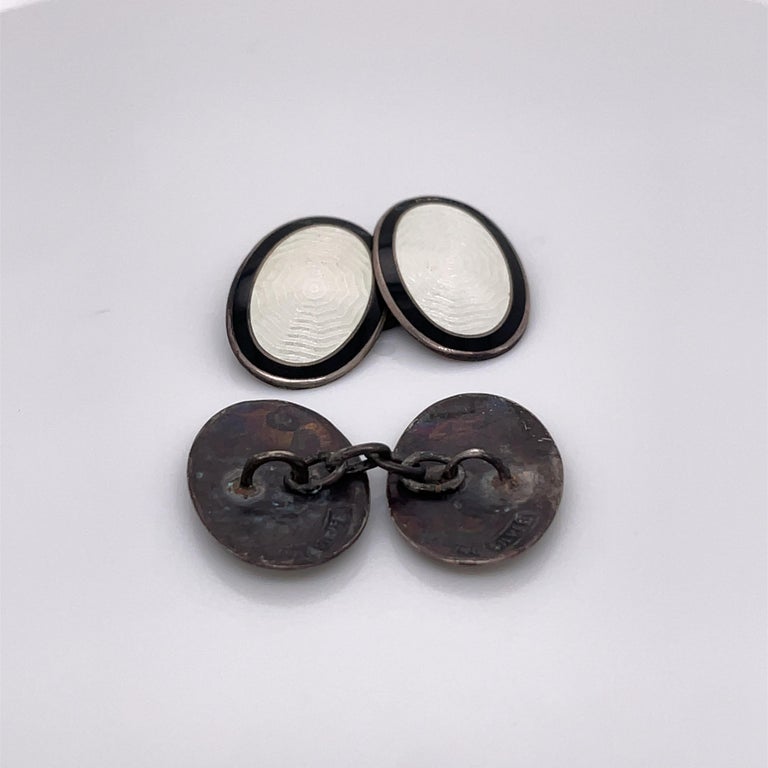 Boutons De Manchettes Anciens émail Art Déco Argenté Bleu Et Noir - Style Vintage Murat - Très Bon état