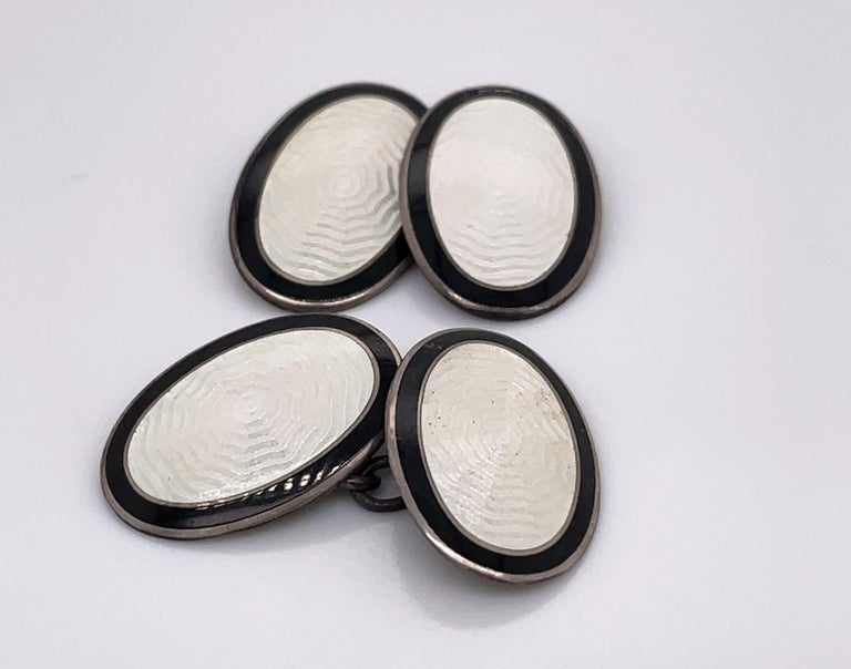 Boutons De Manchettes Anciens En émail Style Art Déco Argenté, Bleu Et Noir - Marque Murat, Occasion