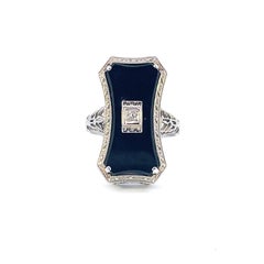 1925 Art Deco Black Jade and Diamond White Gold Filigree Ring