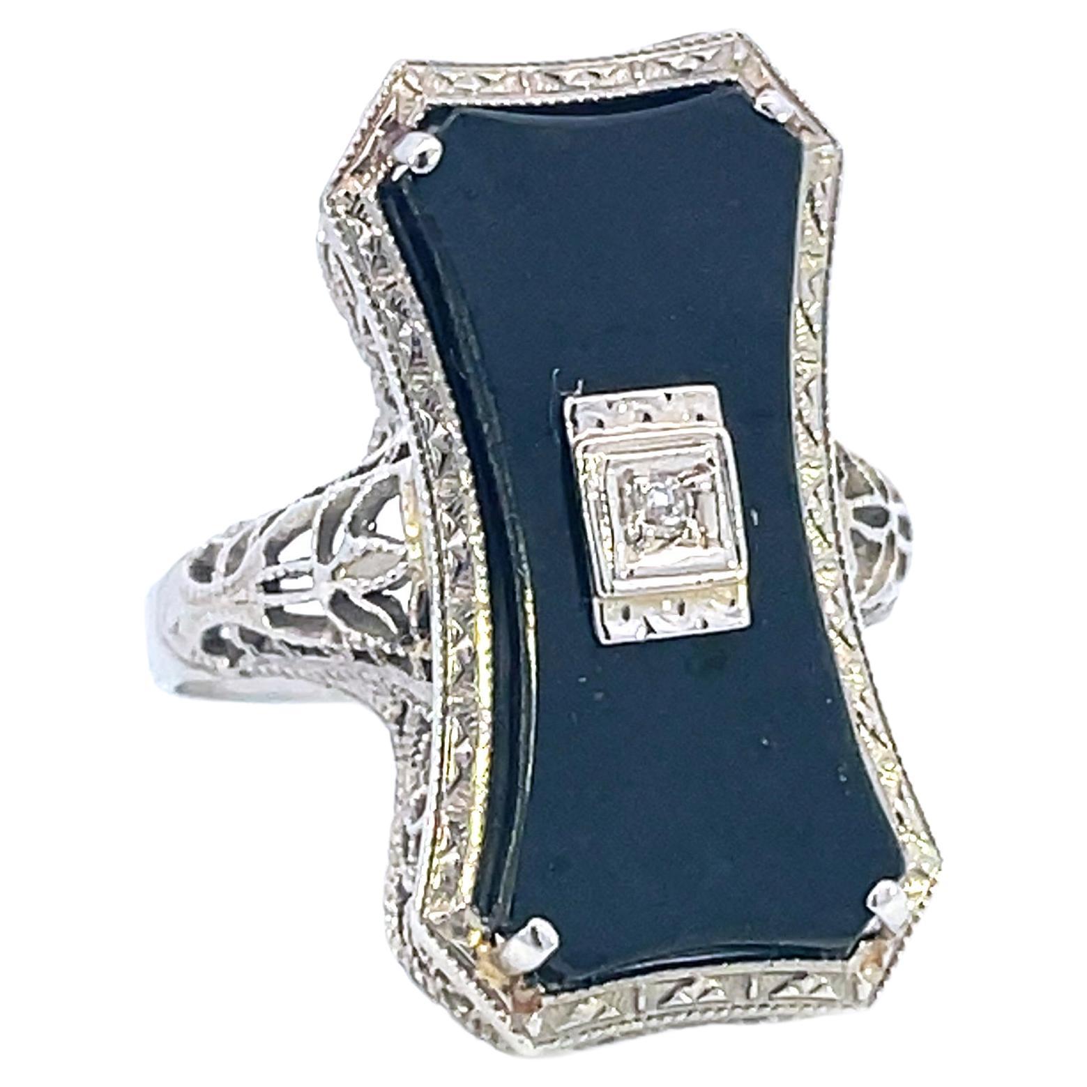 1925 Art Deco Black Jade and Diamond White Gold Filigree Ring