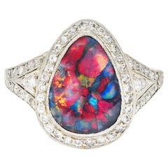 Antique 1925 Art Deco Black Opal Diamond Platinum Gemstone Ring