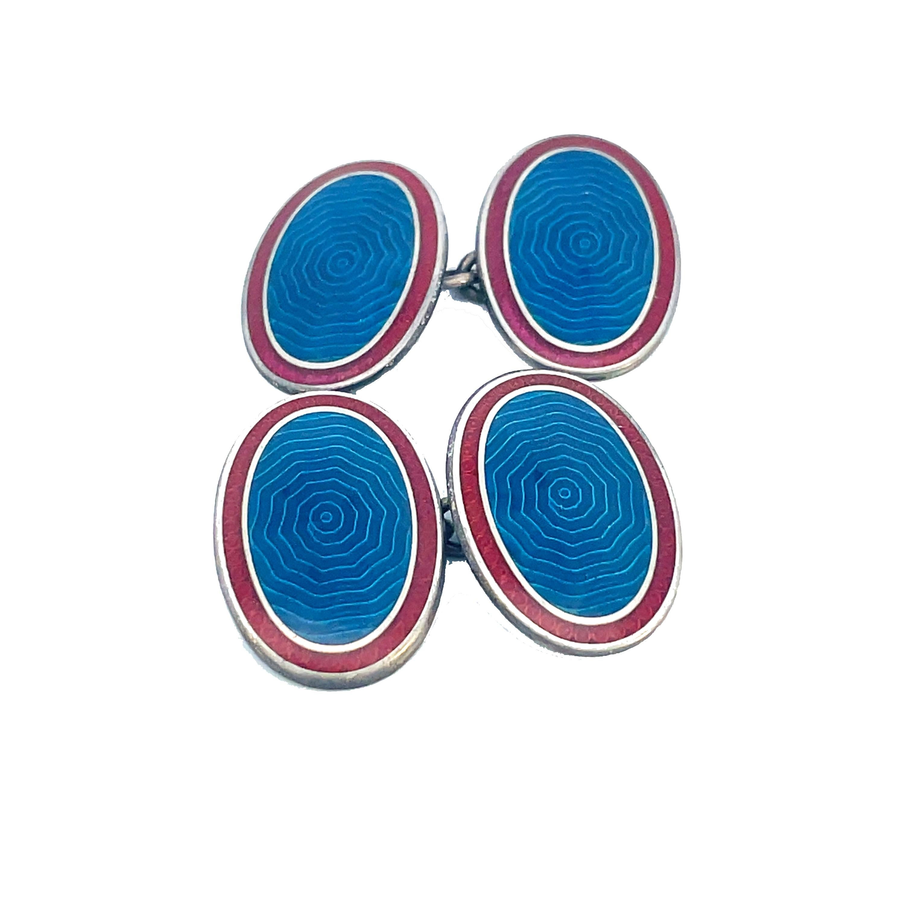 Men's 1925 Art Deco Blue and Red Enamel Sterling Silver Cufflinks For Sale
