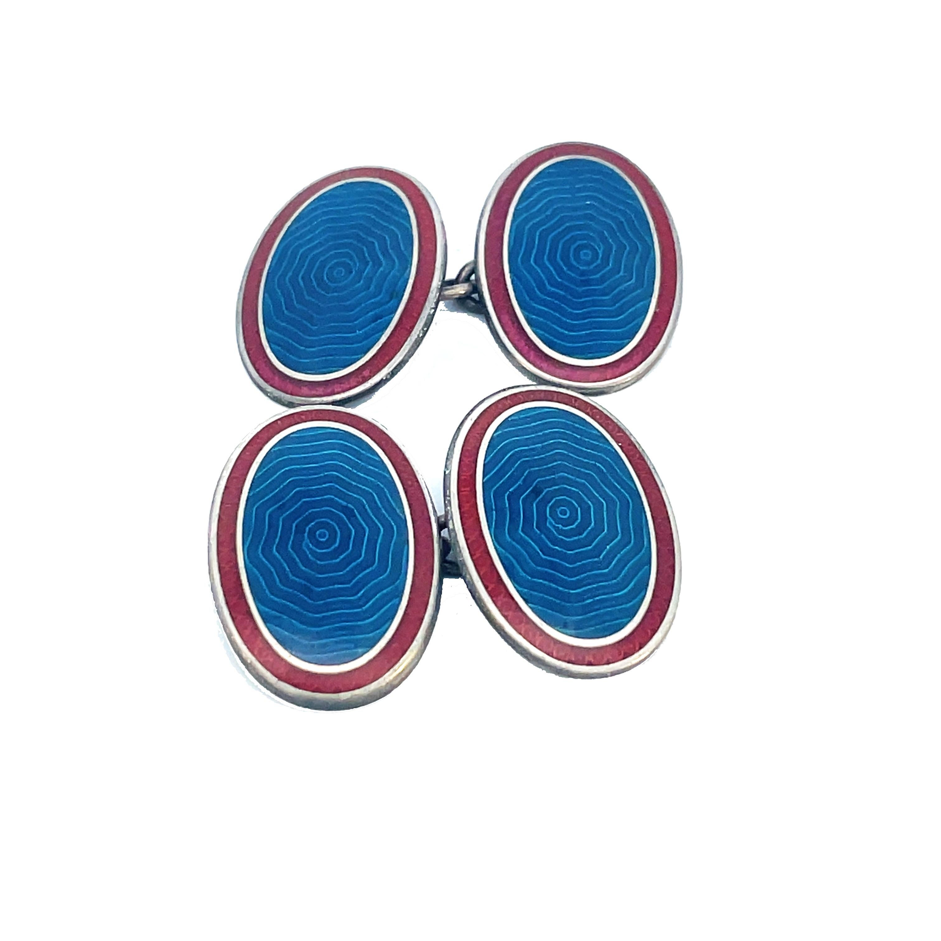 1925 Art Deco Blue and Red Enamel Sterling Silver Cufflinks For Sale 1