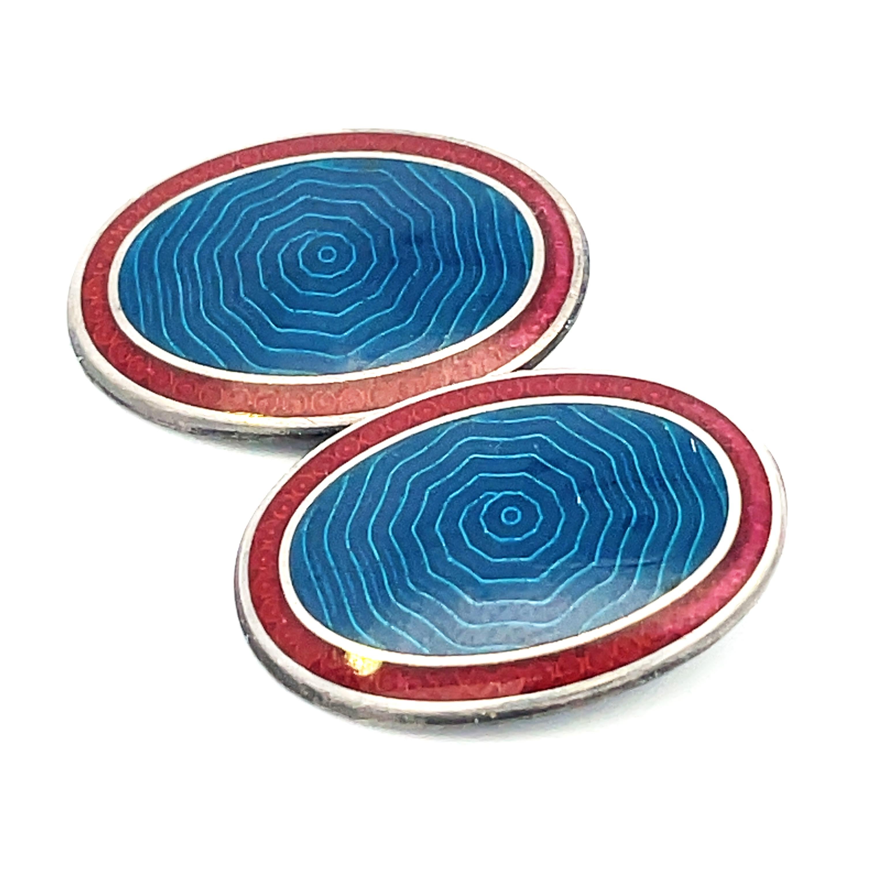 1925 Art Deco Blue and Red Enamel Sterling Silver Cufflinks For Sale 3