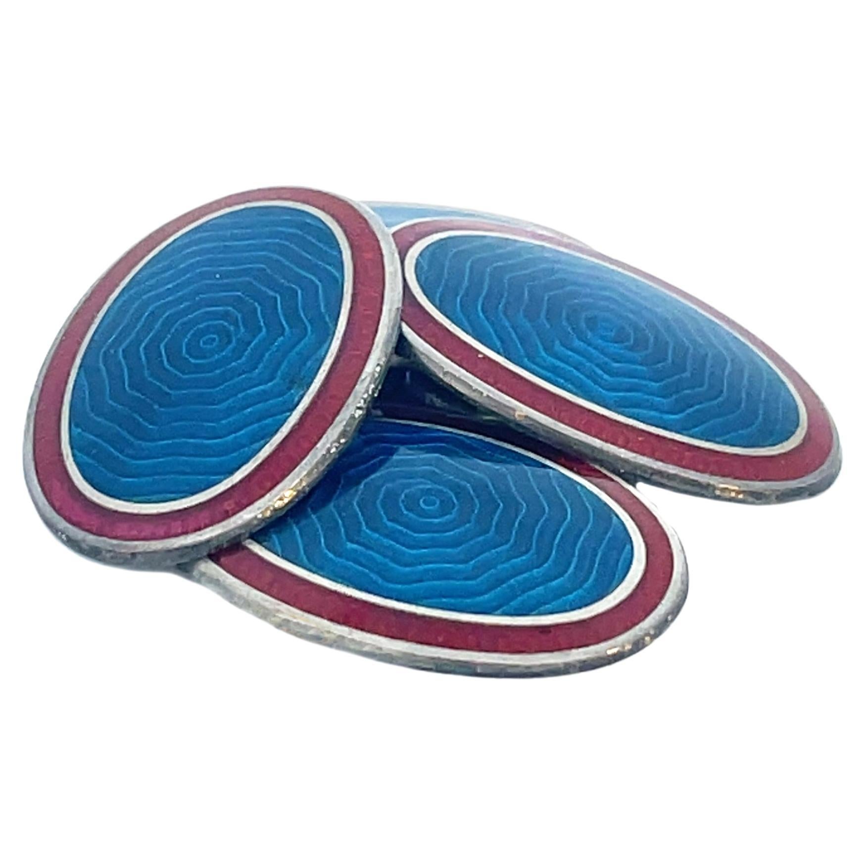 1925 Art Deco Blue and Red Enamel Sterling Silver Cufflinks For Sale