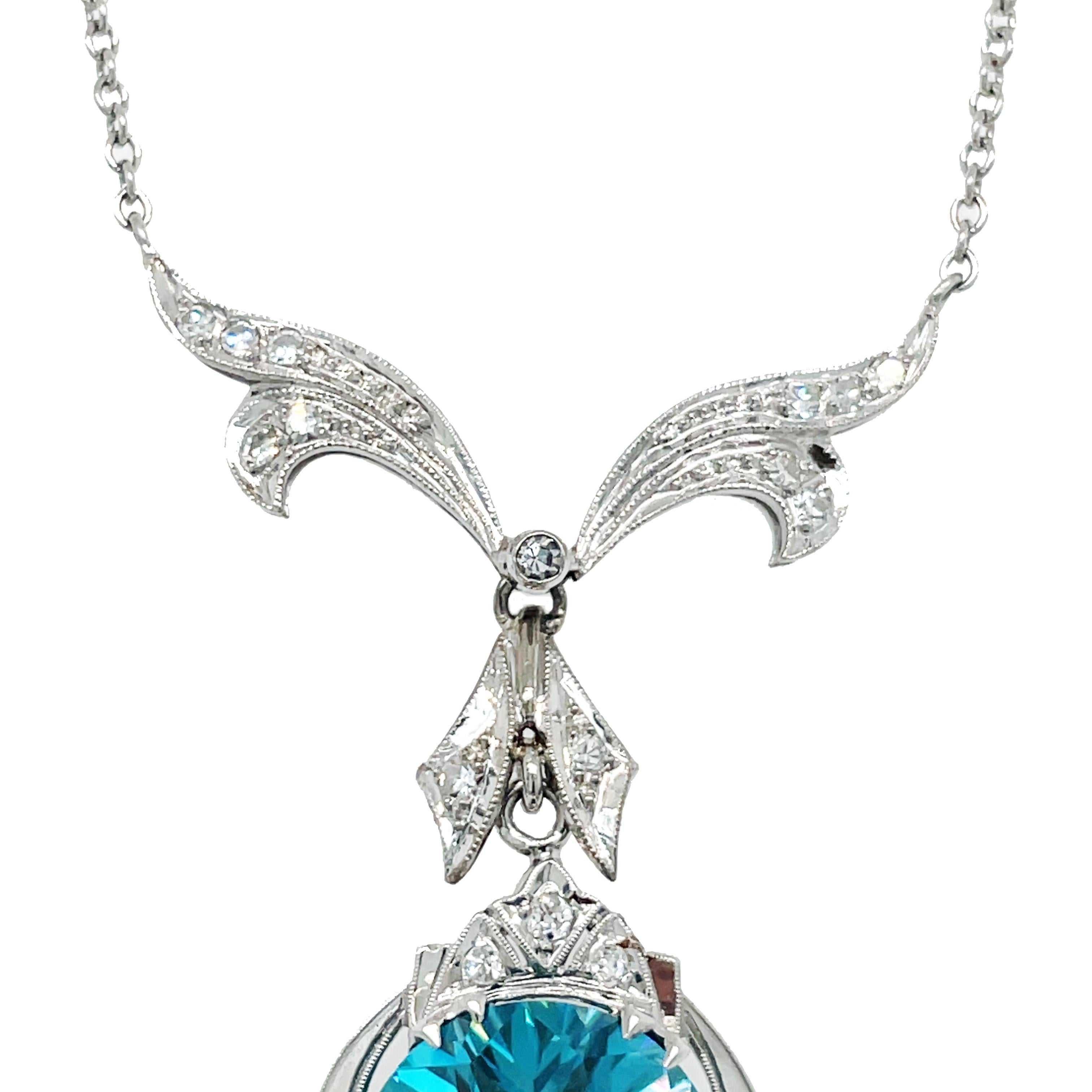 Women's 1925 Art Deco Blue Zircon and Diamond Platinum Necklace For Sale