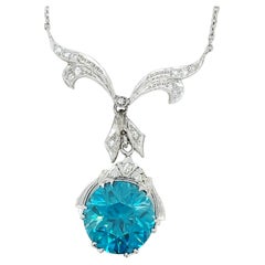 Antique 1925 Art Deco Blue Zircon and Diamond Platinum Necklace