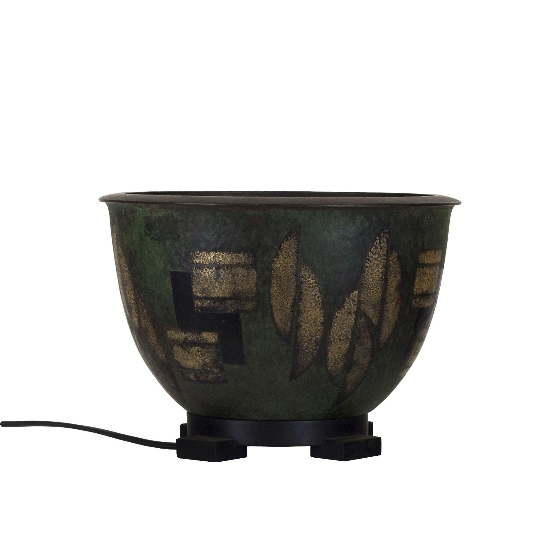 French 1925 Art Deco Brassware 'Dinanderie' Bowl Lamp, Geometrical Decoration, Belgium For Sale