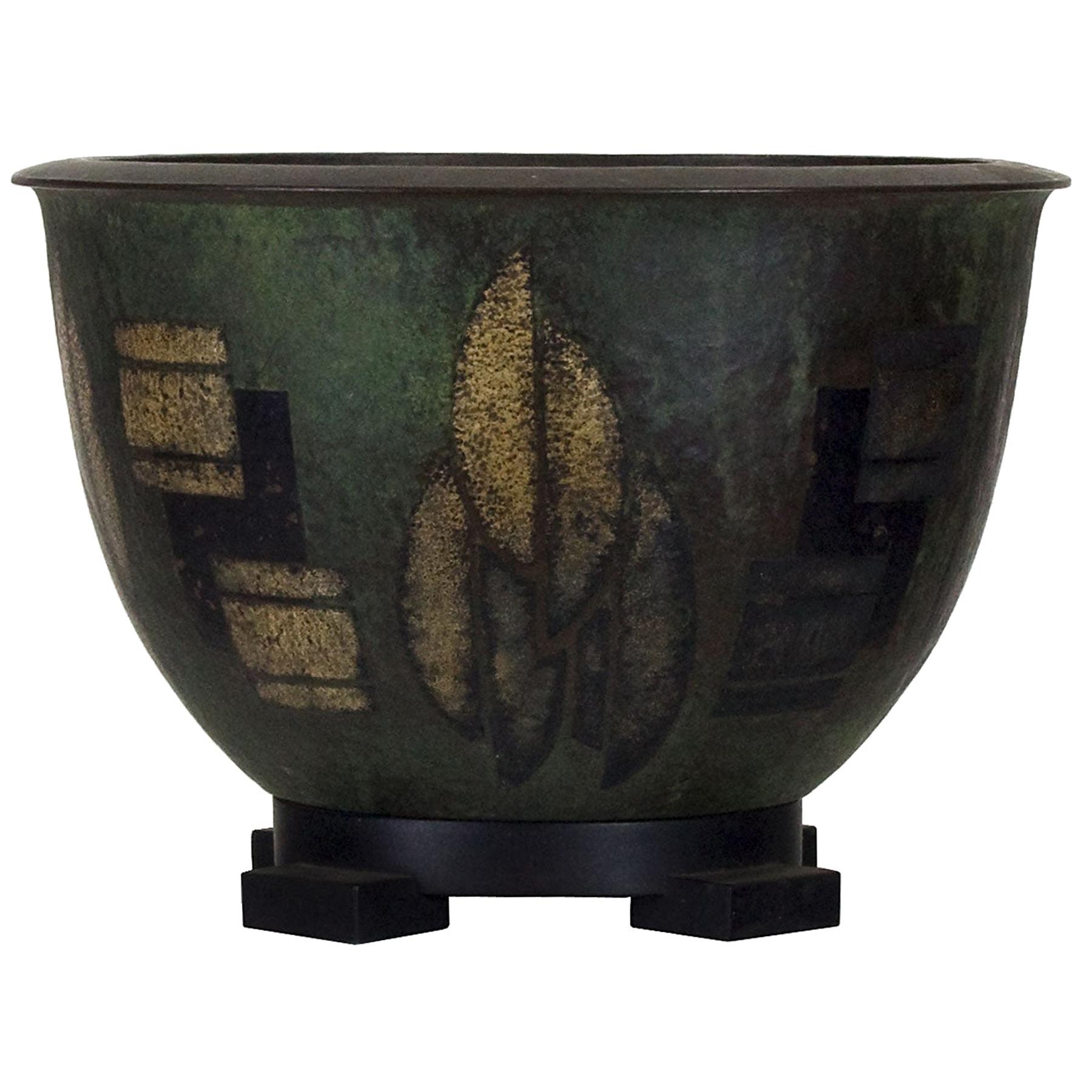 1925 Art Deco Brassware 'Dinanderie' Bowl Lamp, Geometrical Decoration, Belgium For Sale