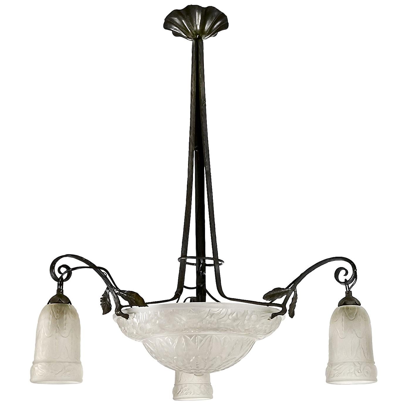 1925 Art Deco Chandelier, Wrought Iron, Pressed Glass, France