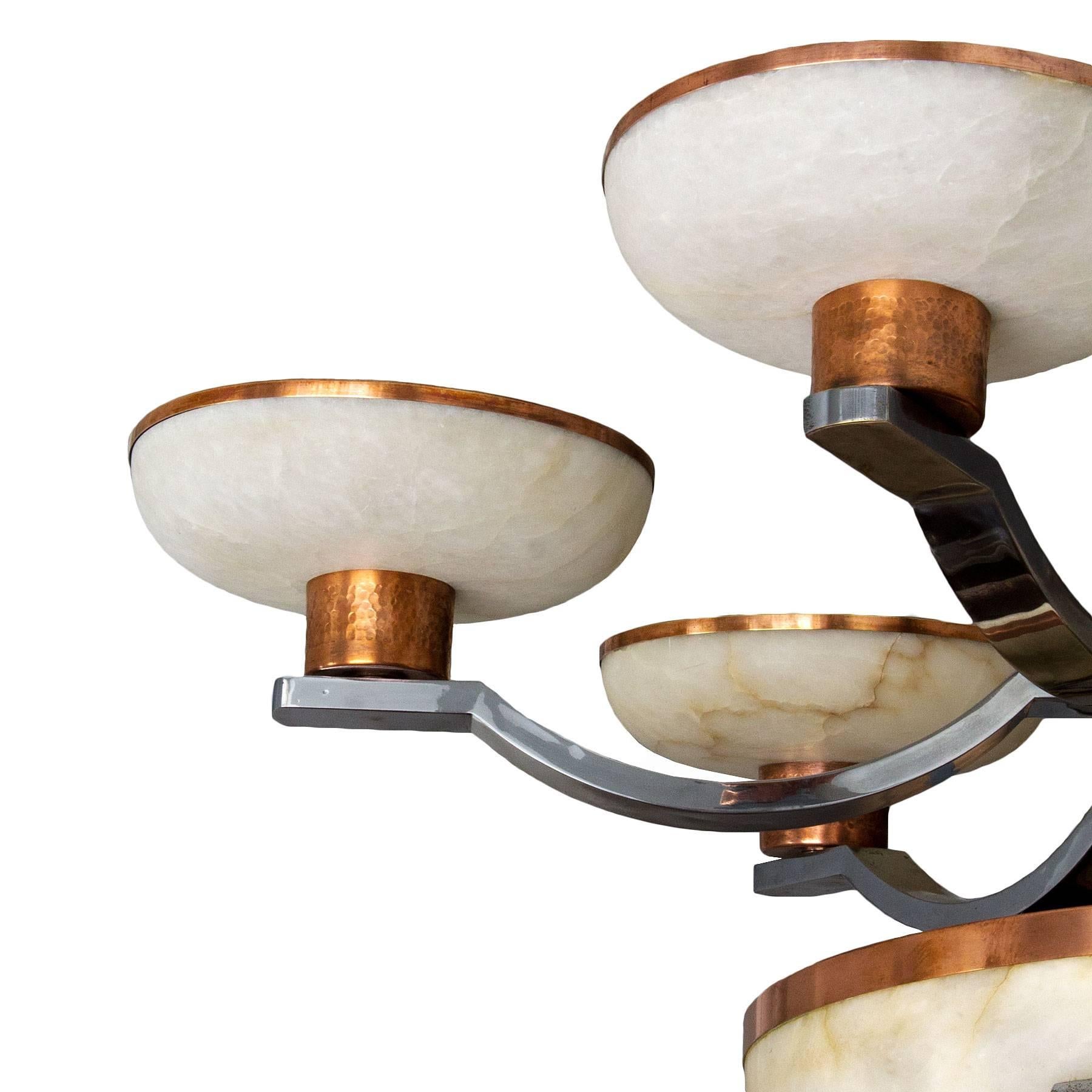 Spanish Art Deco Chandelier, Alabaster, Chrome Plated Metal, Copper, Barcelona, 1925