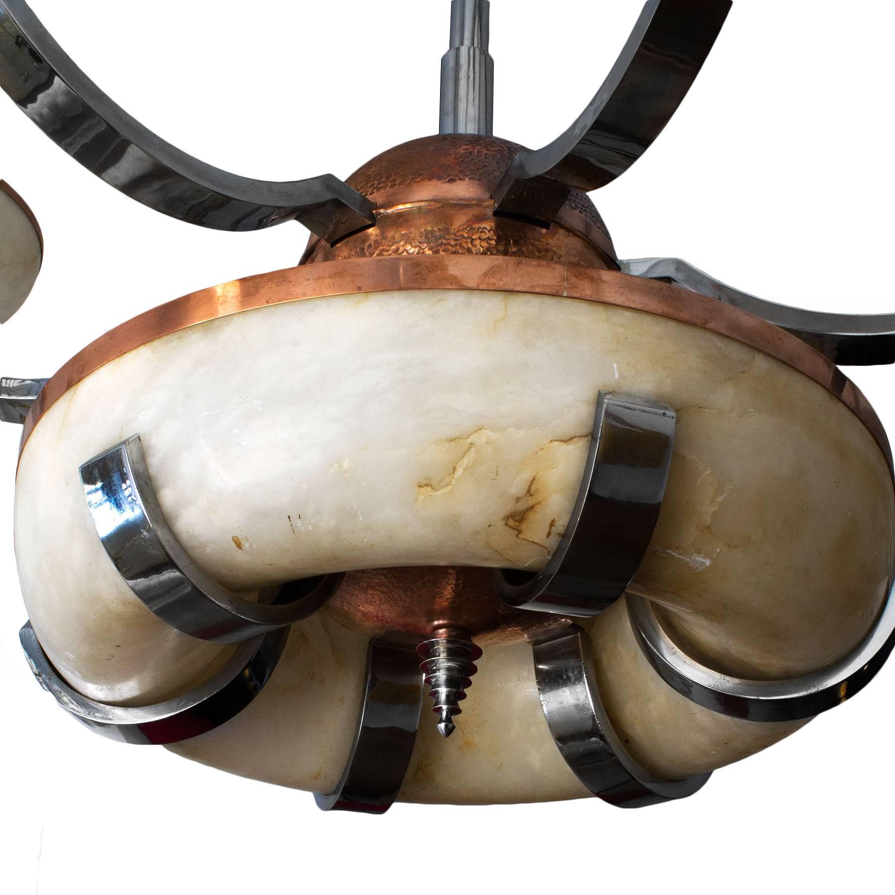 Hammered Art Deco Chandelier, Alabaster, Chrome Plated Metal, Copper, Barcelona, 1925