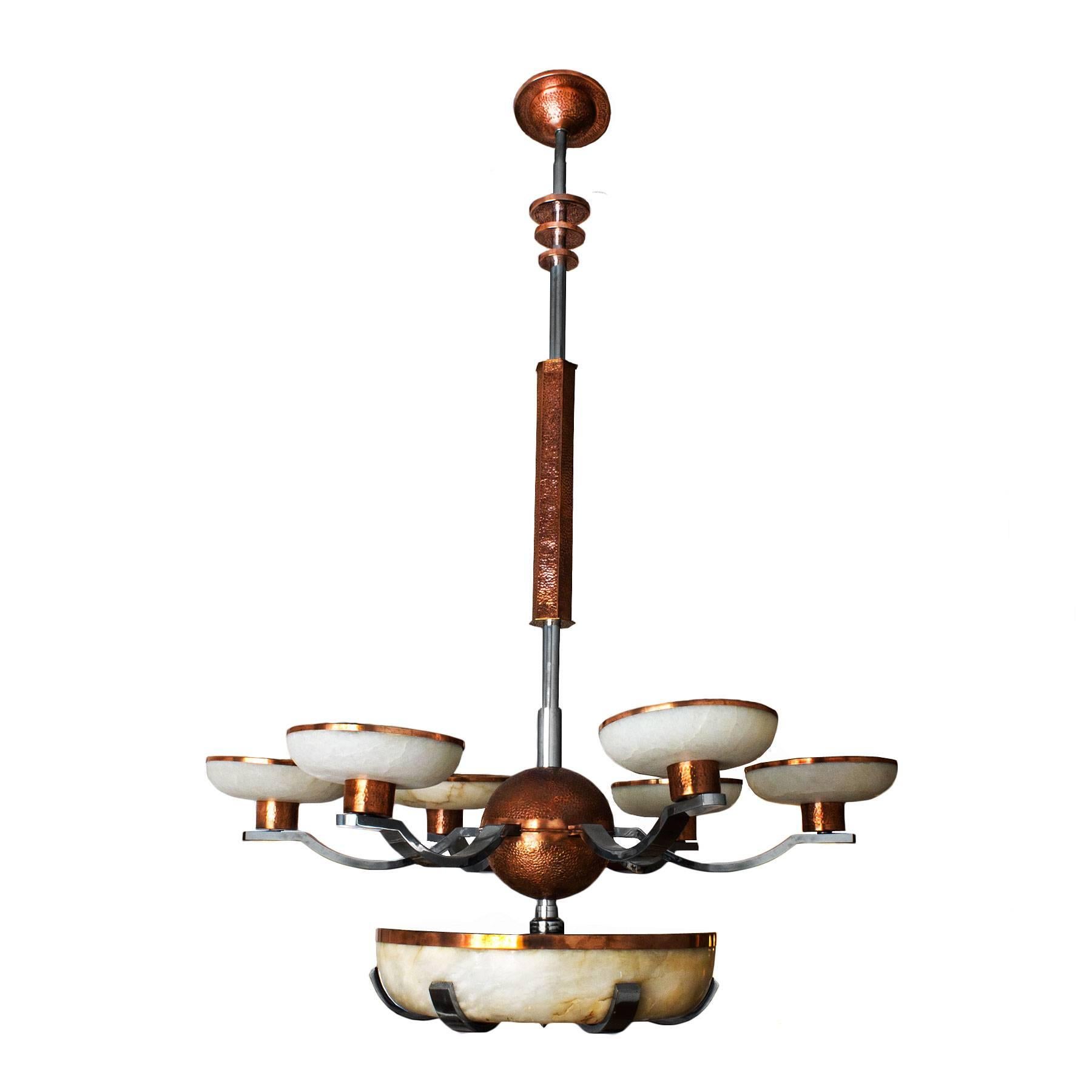 Art Deco Chandelier, Alabaster, Chrome Plated Metal, Copper, Barcelona