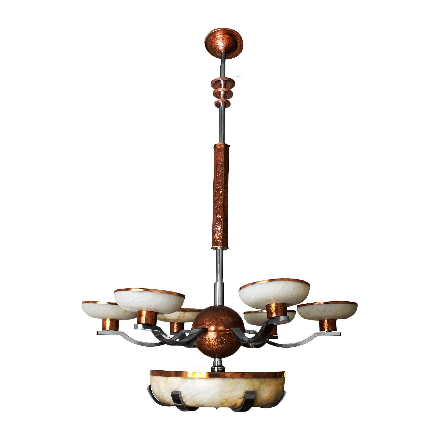 Art Deco Chandelier, Alabaster, Chrome Plated Metal, Copper, Barcelona, 1925