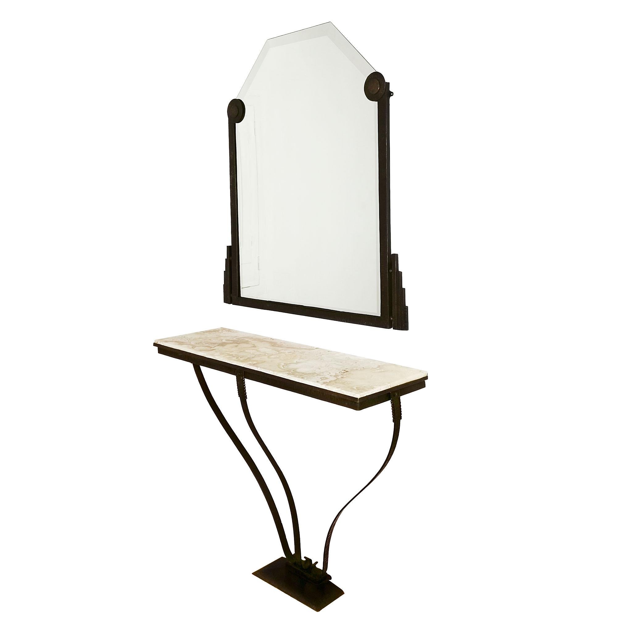 Art Deco console and mirror, wrought iron with onyx on top. New mirror done as the original.
France c. 1925

Console: 111 x 35 x 94 cm
Mirror: 97 x 2 x 106 cm.