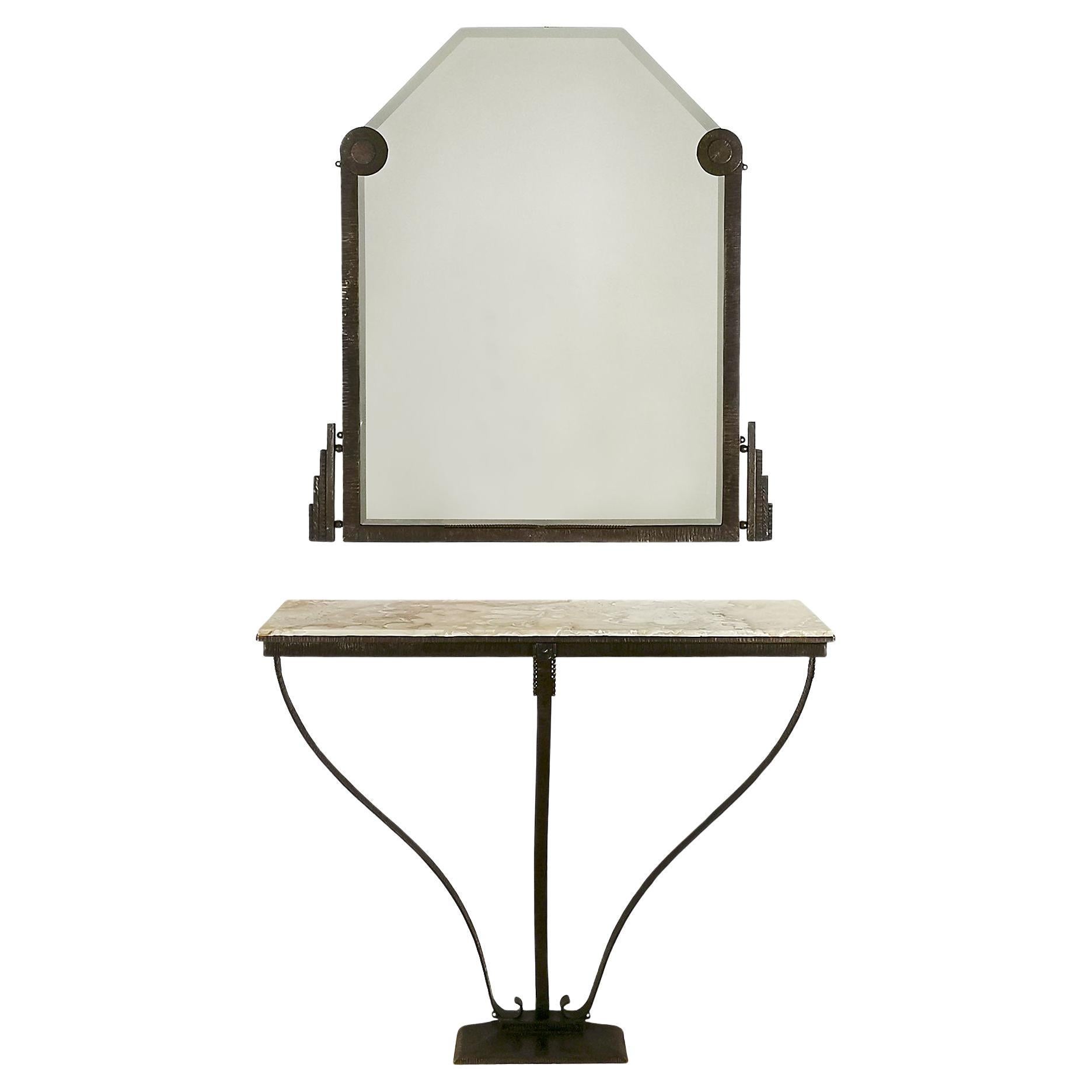 1925 Art Deco Console and Mirror, Wrought Iron, Onyx, Mirror - France 