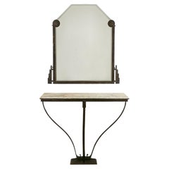1925 Art Deco Console and Mirror, Wrought Iron, Onyx, Mirror, France 