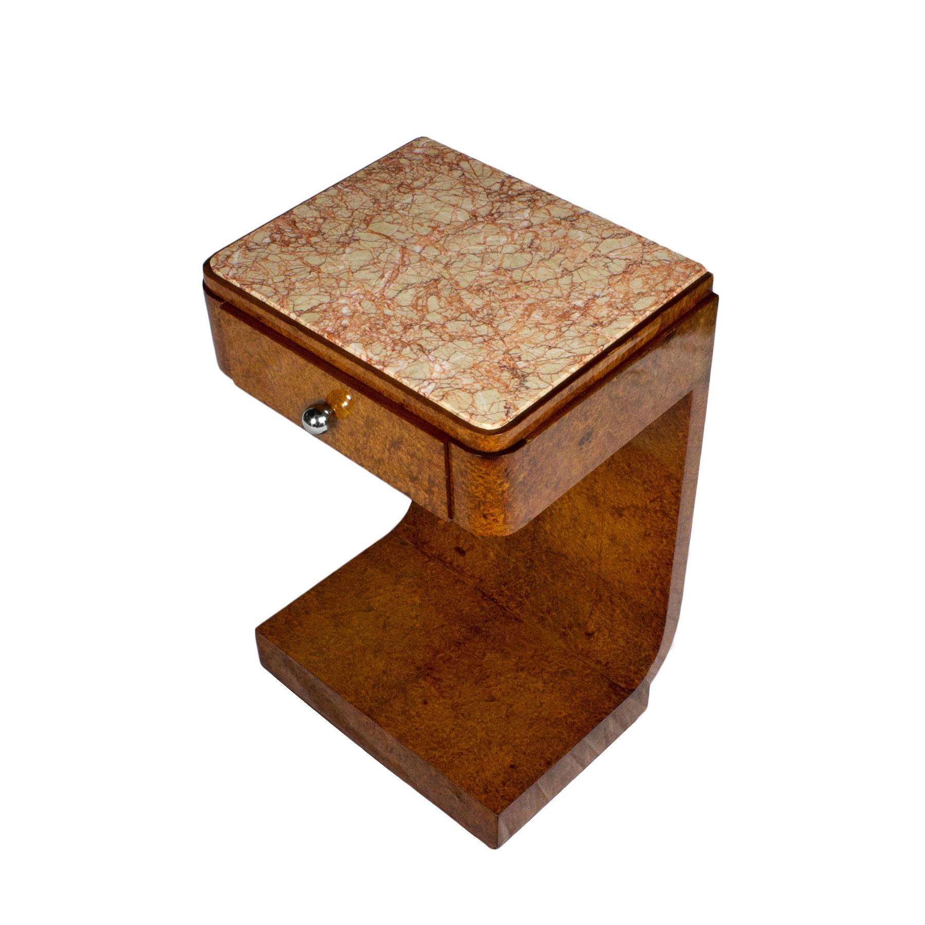 1925 Art Deco Curved Nightstand, Mahogany, Burr Thuja, Marble, France In Good Condition In Girona, ES