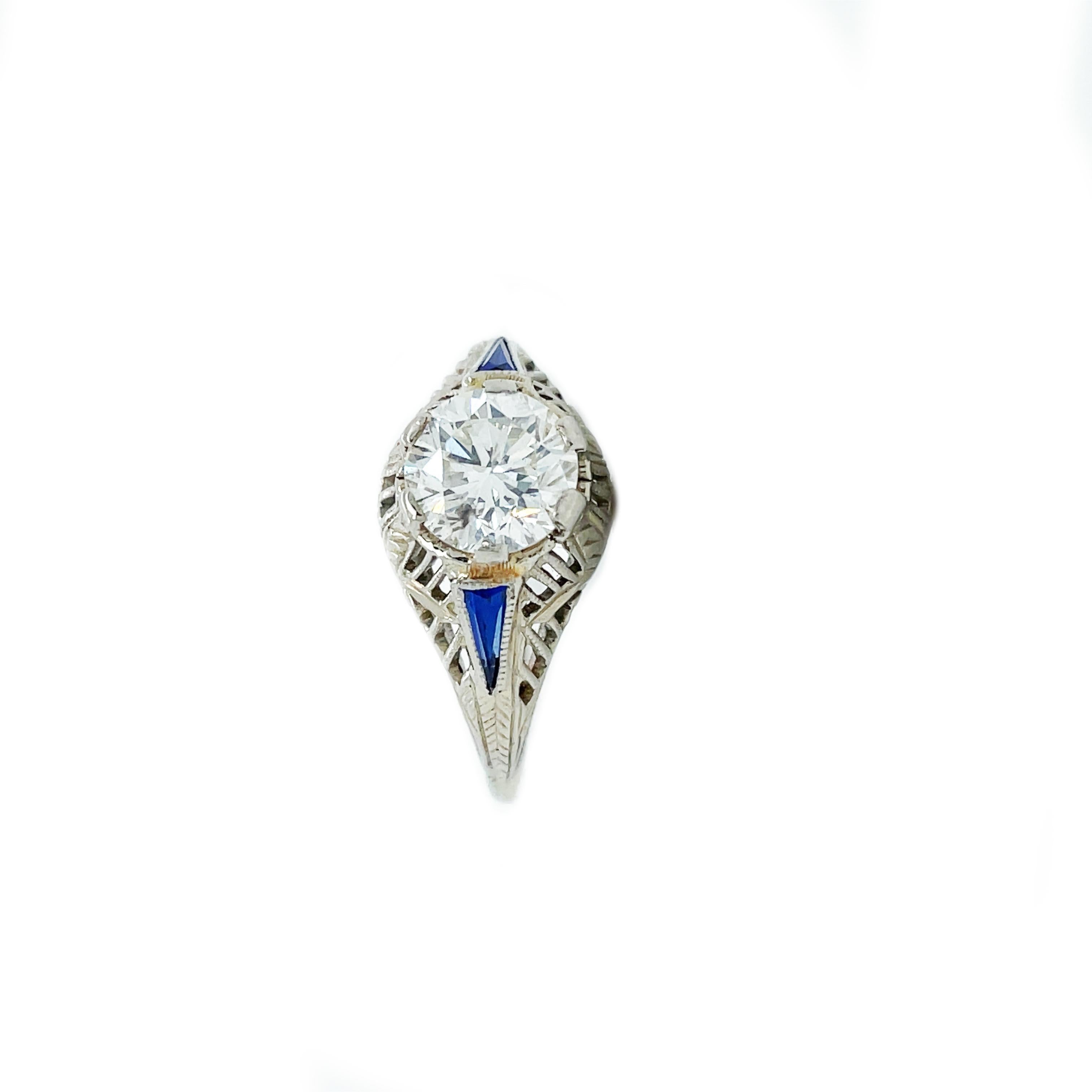 Round Cut 1925 Art Deco Diamond and Sapphire White Gold Ring with AGS Report For Sale