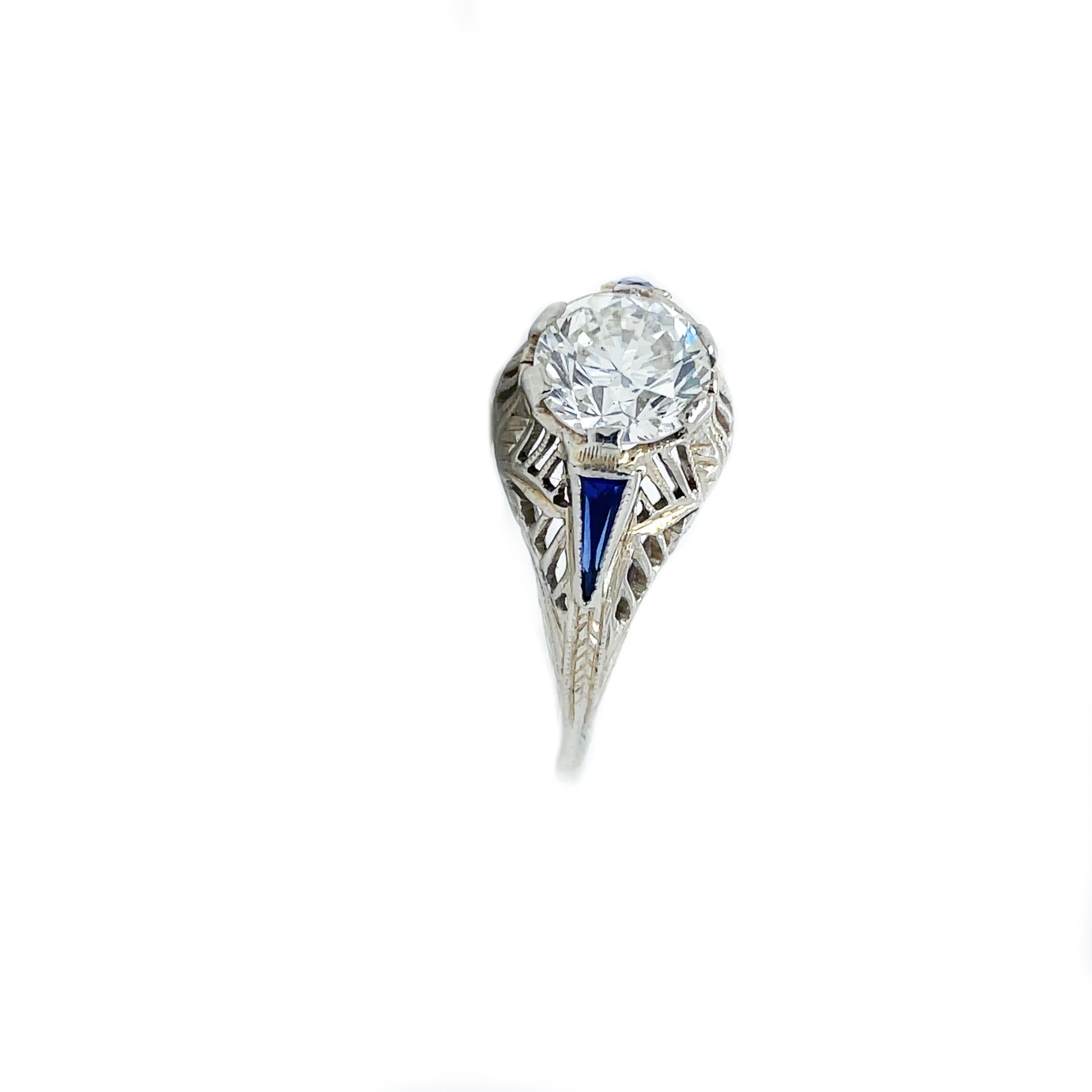1925 Art Deco Diamond and Sapphire White Gold Ring with AGS Report For Sale 1