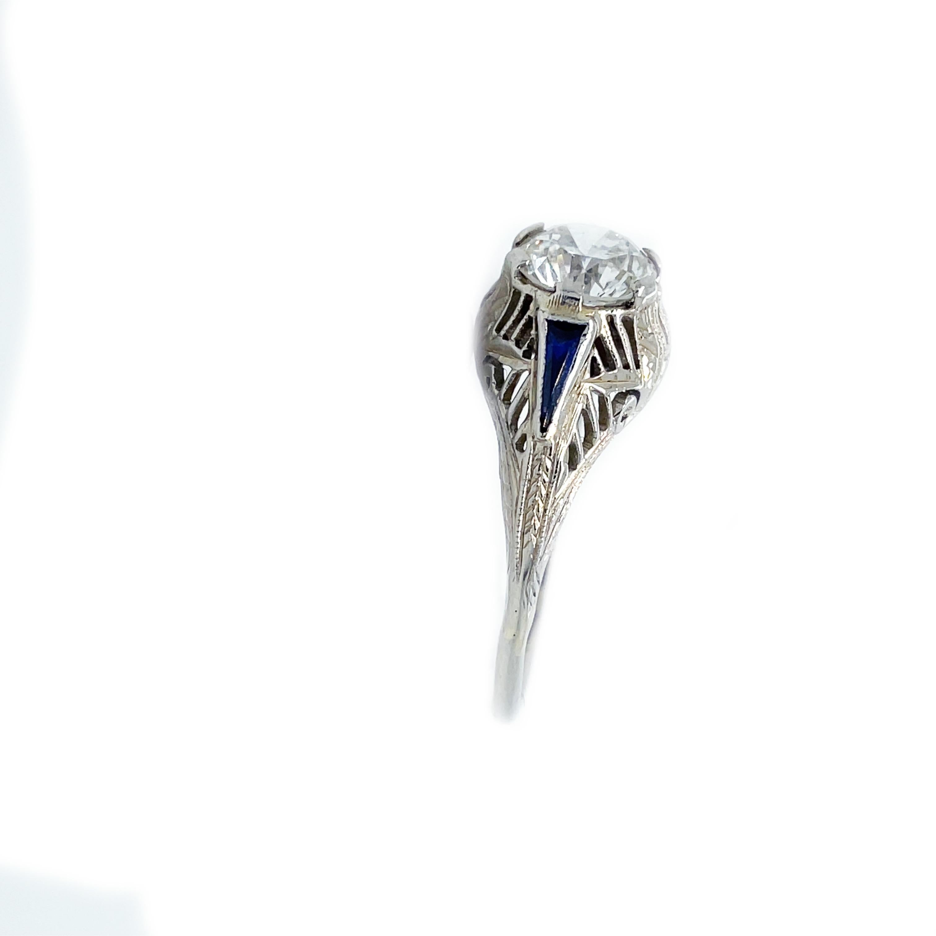 1925 Art Deco Diamond and Sapphire White Gold Ring with AGS Report For Sale 2