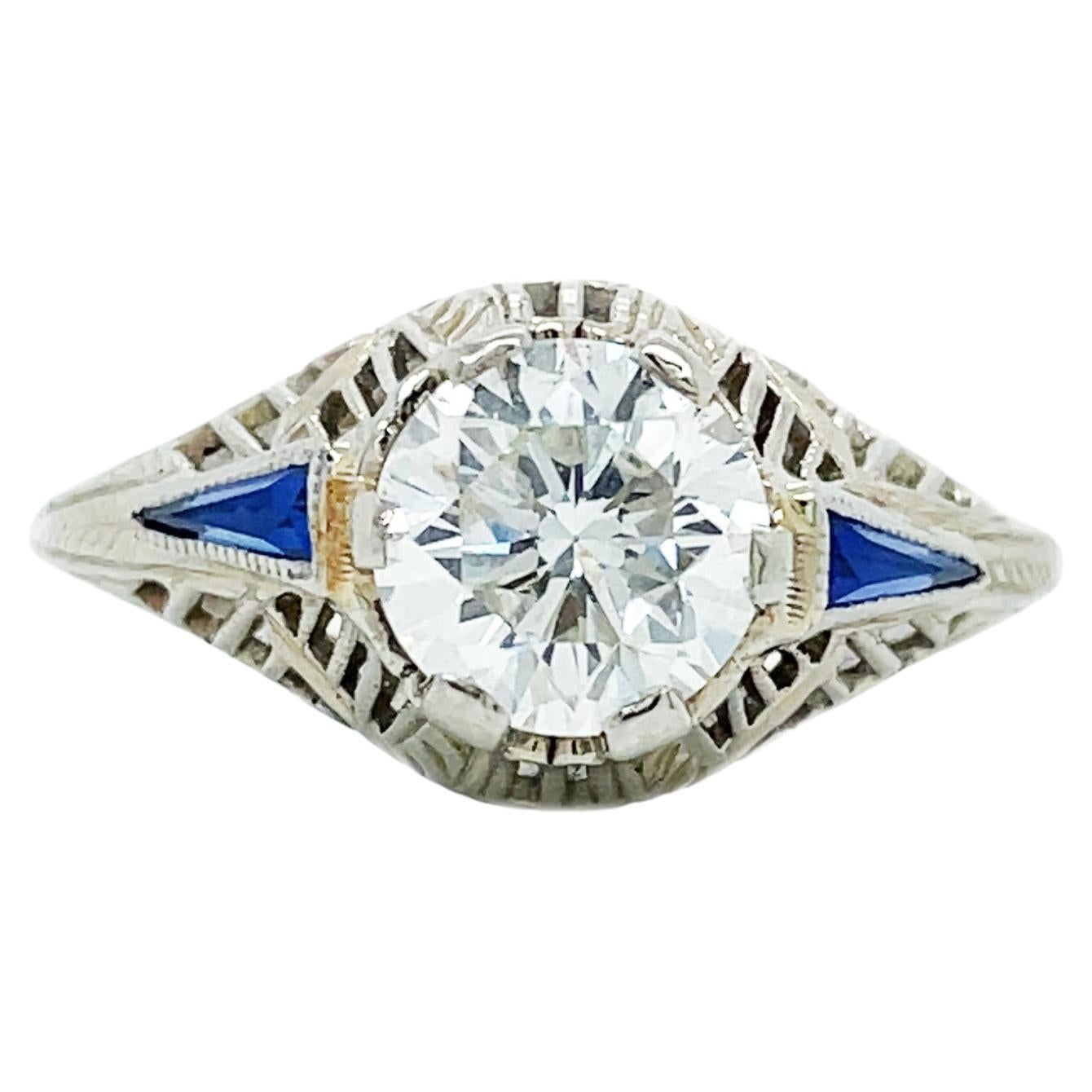 1925 Art Deco Diamond and Sapphire White Gold Ring with AGS Report For Sale