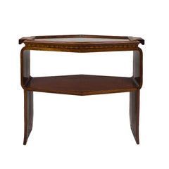 1925 Art Deco Hexagonal Serving Table, Tray, Oak, Mahogany, Brass, France