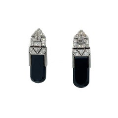 1925 Art Deco Platinum Articulated Black Jade and Diamond Earrings