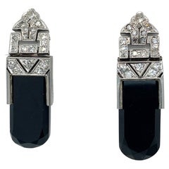 Antique 1925 Art Deco Platinum Articulated Black Jade and Diamond Earrings