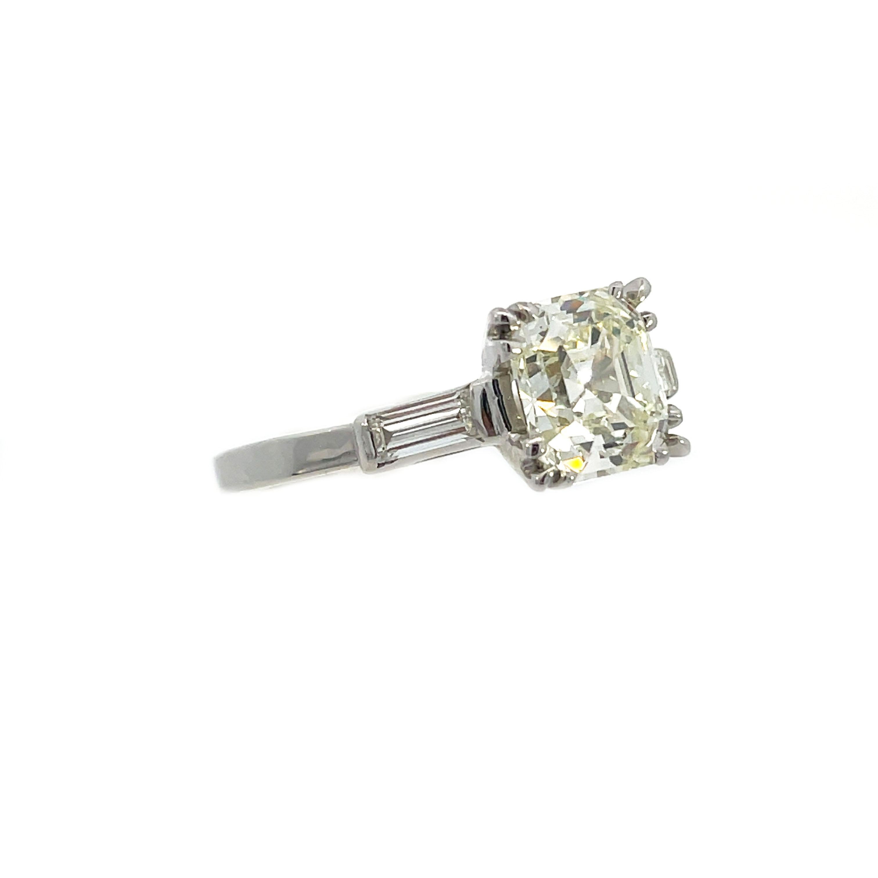 Asscher Cut 1925 Art Deco Platinum Asscher and Baguette Diamond Ring with GIA Report For Sale