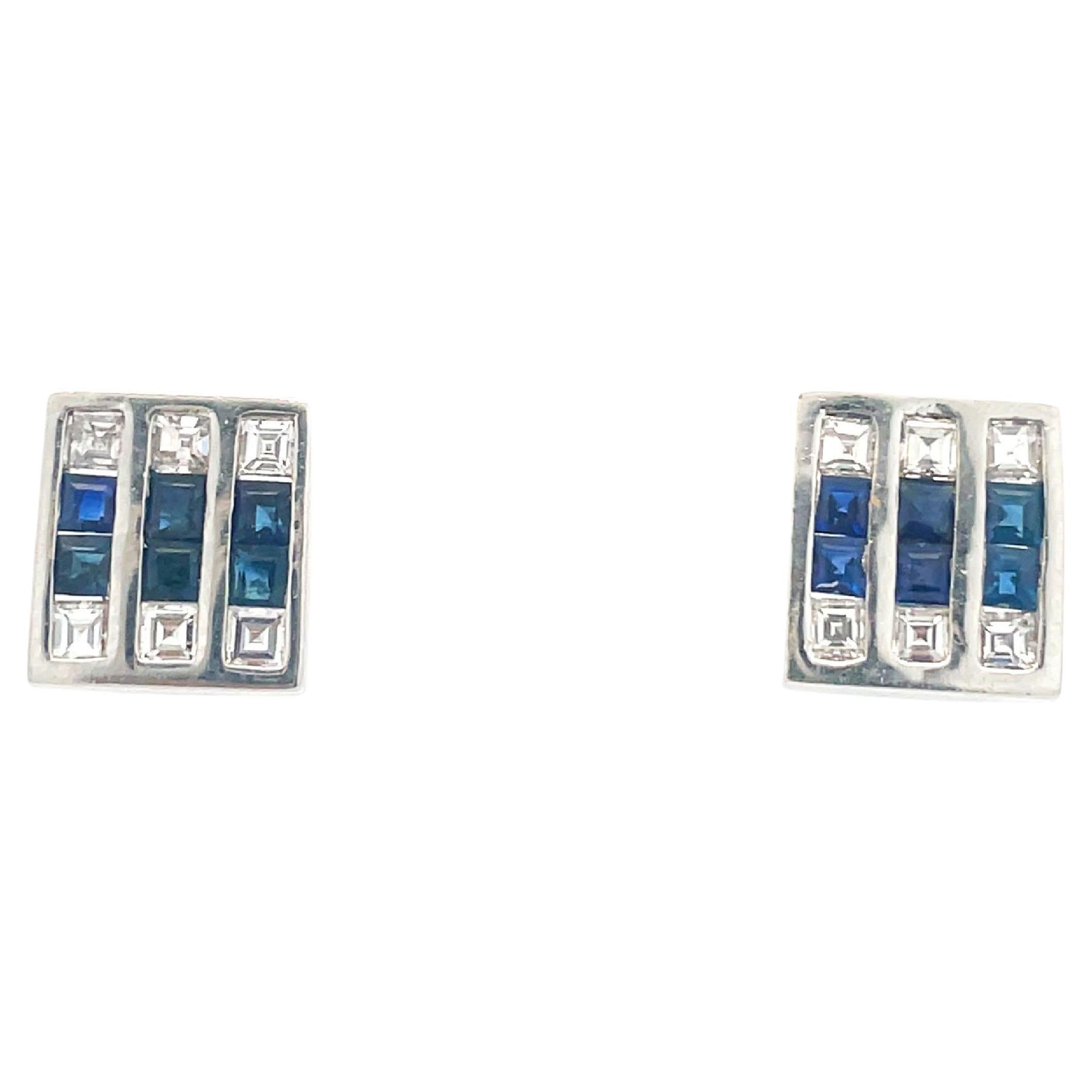 1925 Art Deco Platinum Diamond and Sapphire Earrings