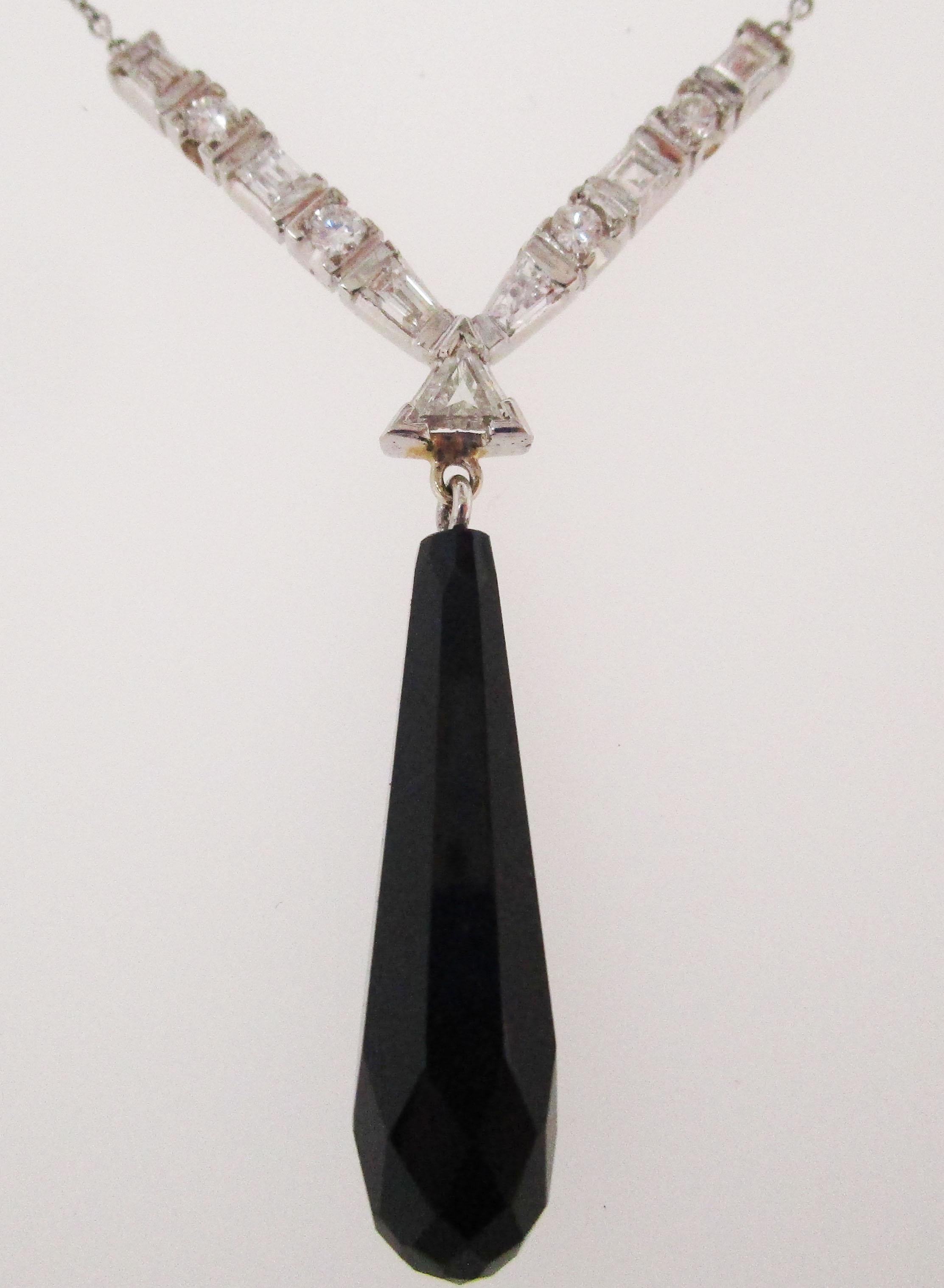 Round Cut 1925 Art Deco Platinum Diamond Onyx Dangle Y Necklace