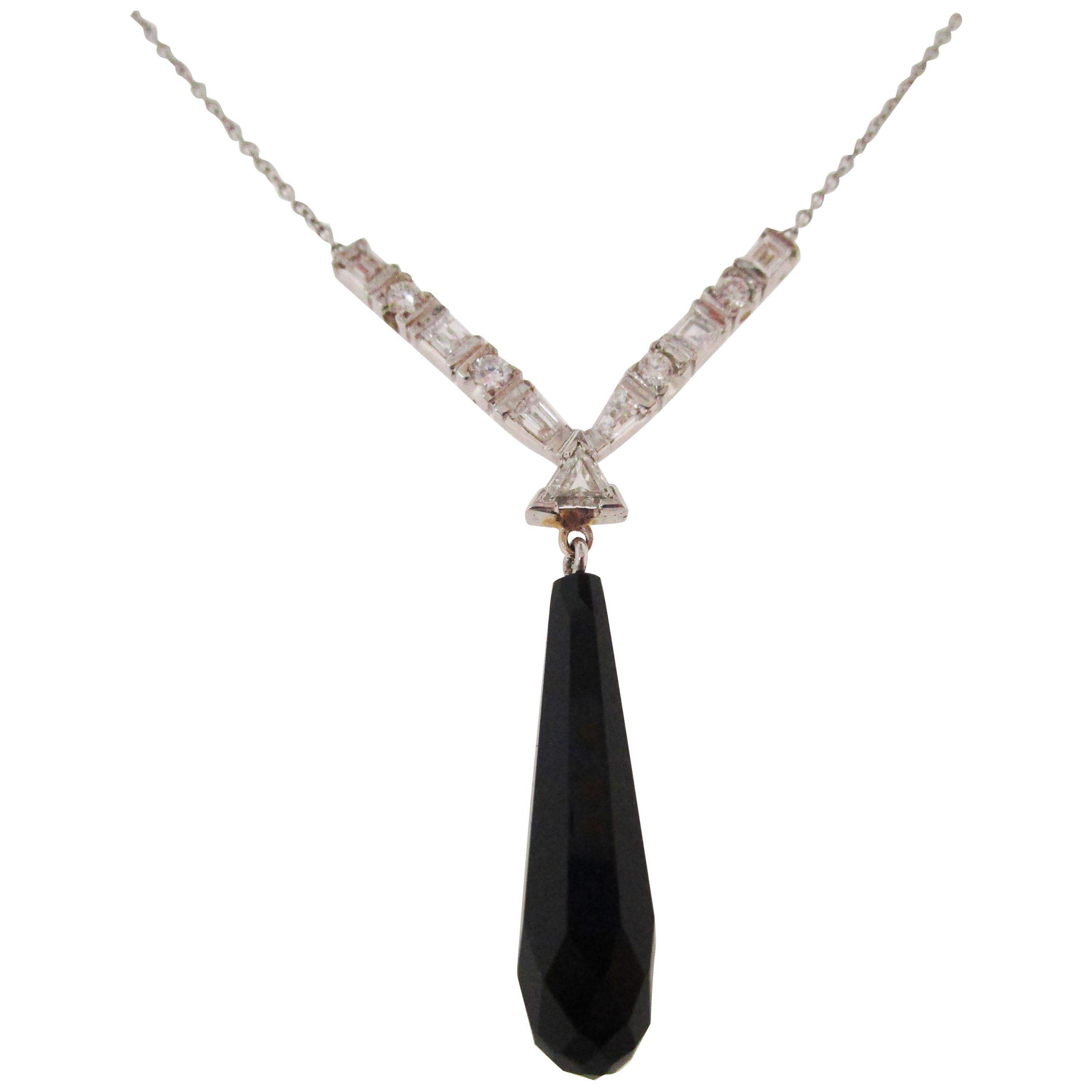 1925 Art Deco Platinum Diamond Onyx Dangle Y Necklace