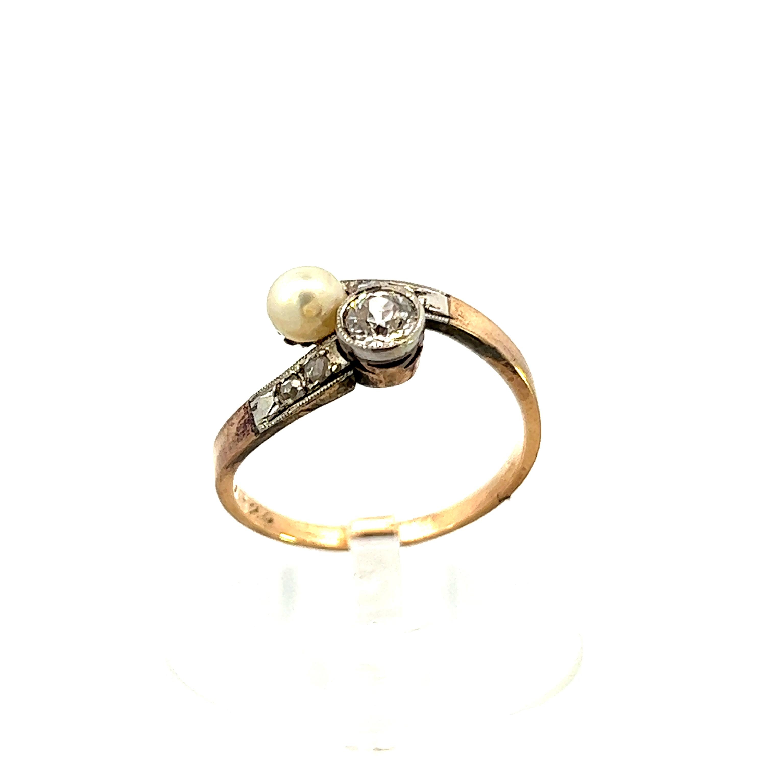 1925 Art Deco Platinum Diamond & Pearl Bypass Ring - Platinum Over Gold  For Sale 2