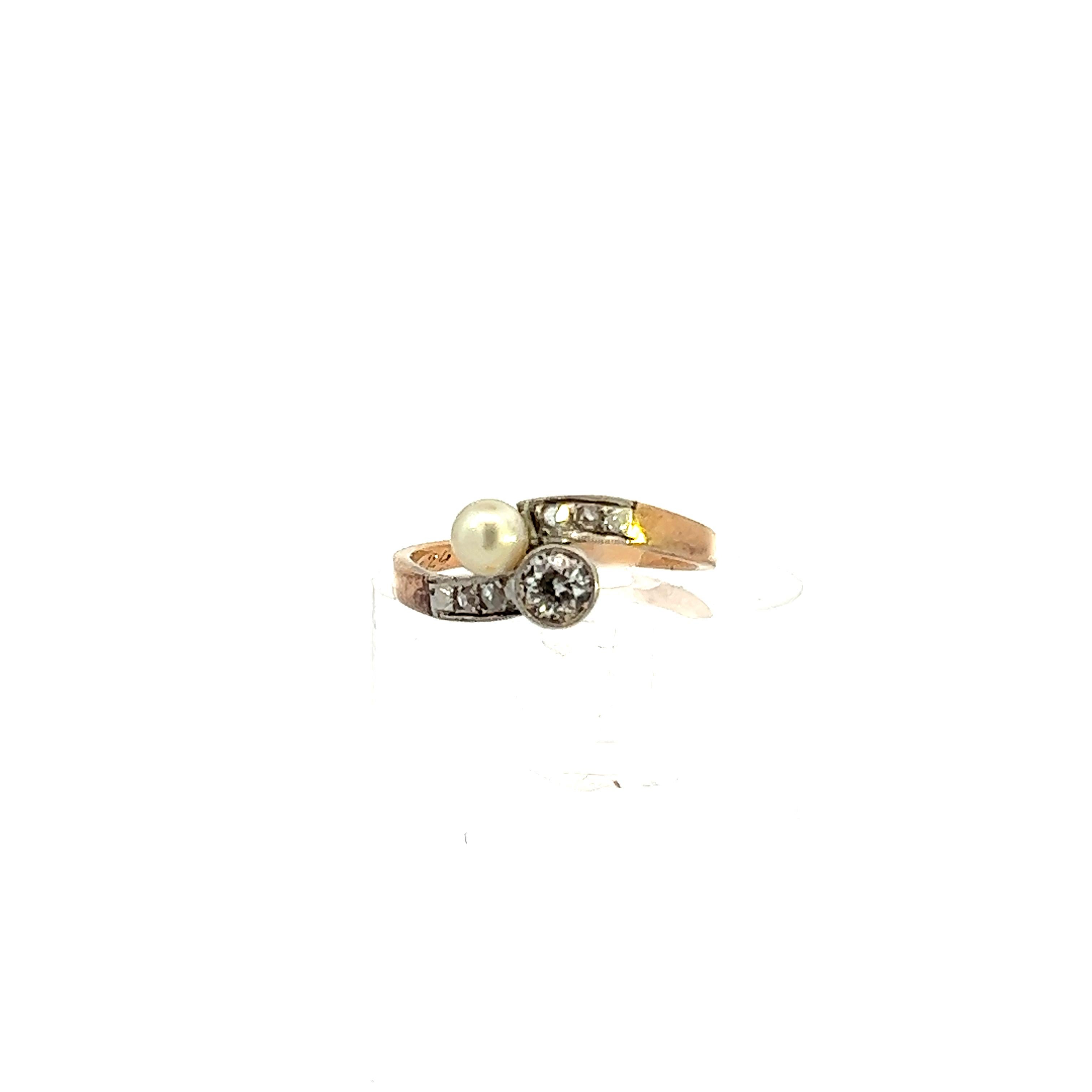 1925 Art Deco Platinum Diamond & Pearl Bypass Ring - Platinum Over Gold  For Sale 3