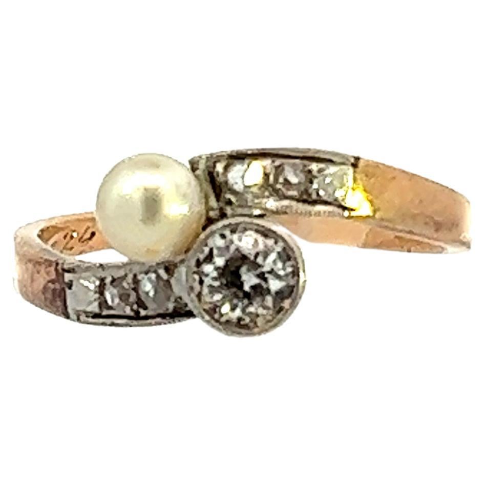1925 Art Deco Platinum Diamond & Pearl Bypass Ring - Platinum Over Gold  For Sale