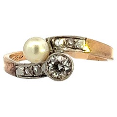 1925 Art Deco Platinum Diamond & Pearl Bypass Ring - Platinum Over Gold 