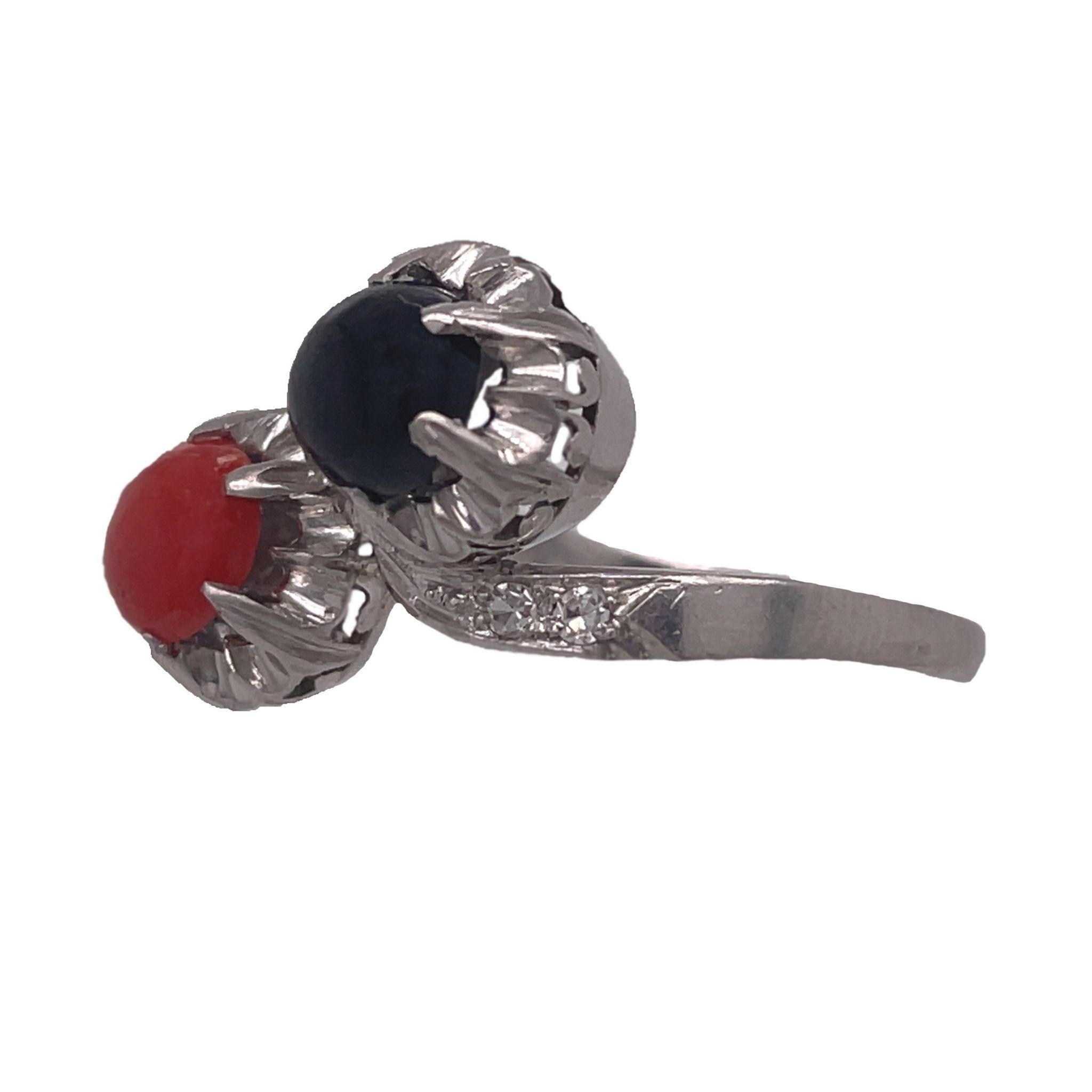 Women's 1925 Art Deco Platinum Red Coral & Black Jade Diamond Ring, Love and Pain For Sale