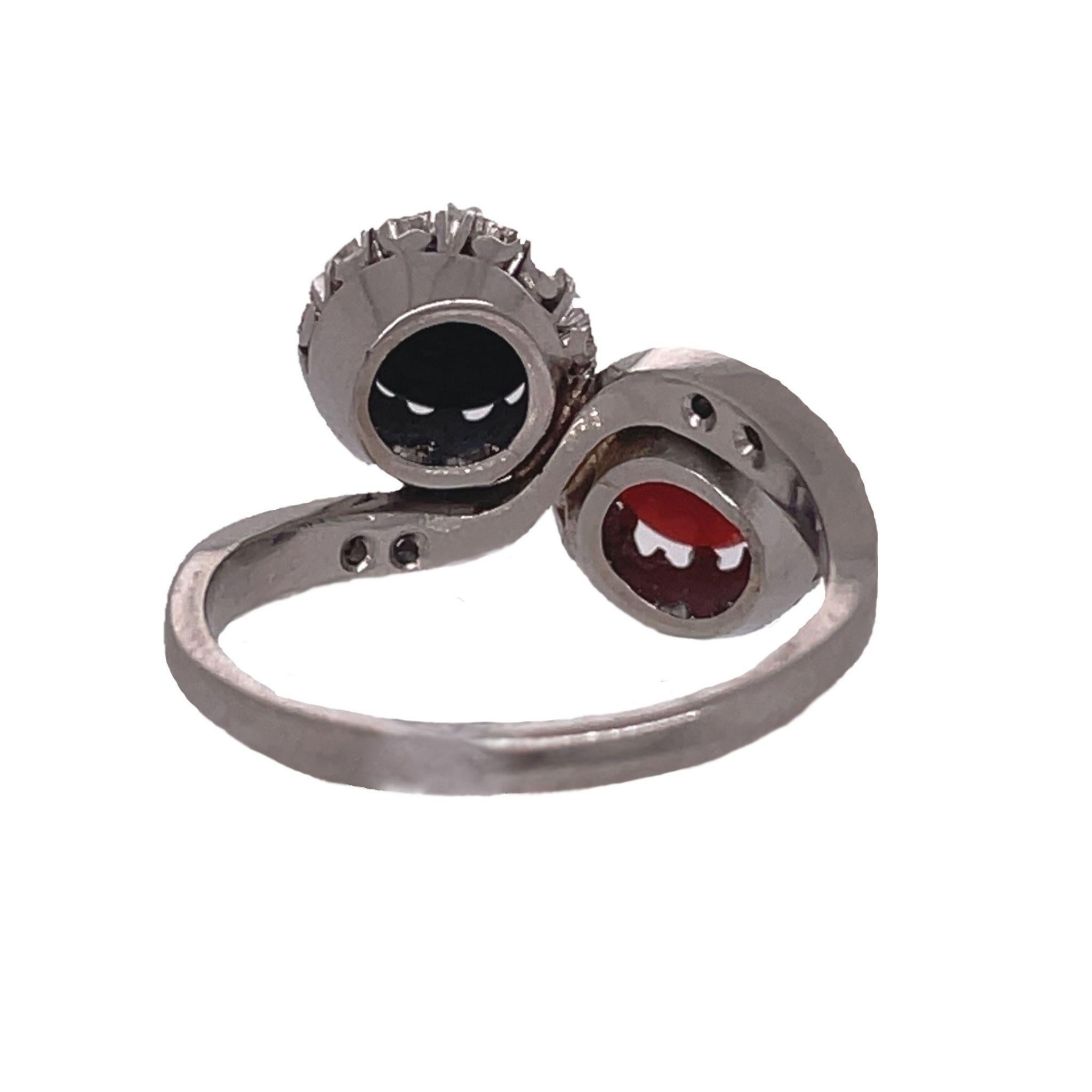 1925 Art Deco Platinum Red Coral & Black Jade Diamond Ring, Love and Pain For Sale 2